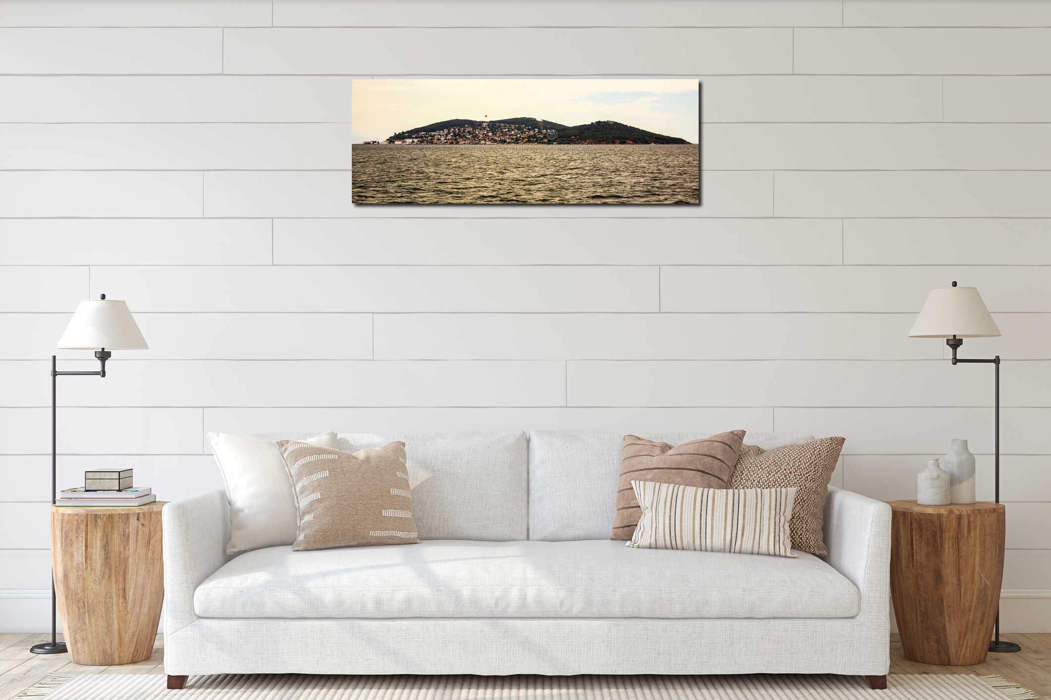 Panoramic view of heybeliada island and sea in the summer, prince islands interior mockup