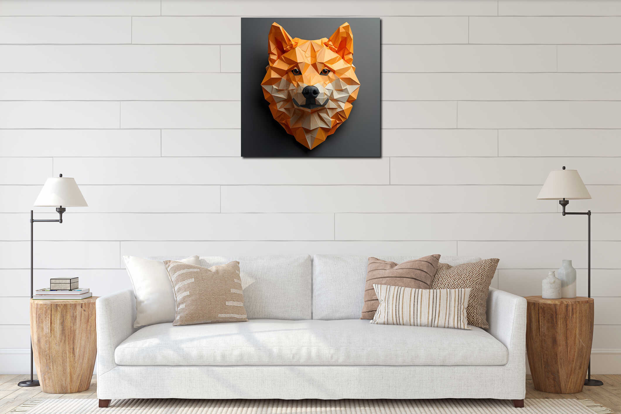 a low poly model of a fox s head on a black background interior mockup