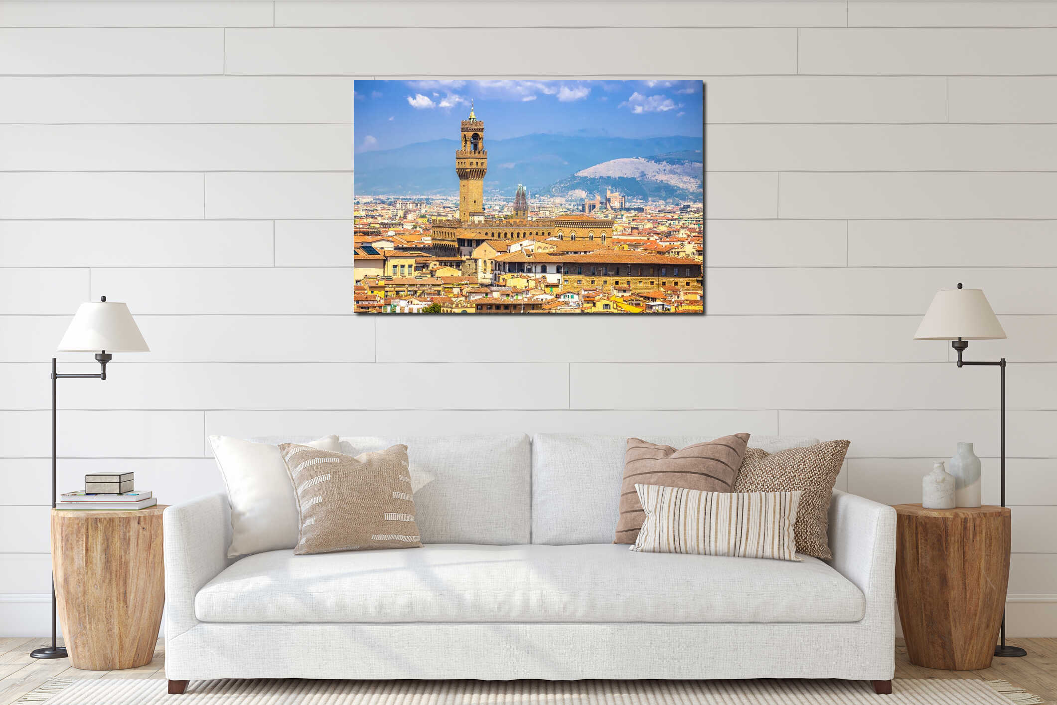 Ancient Florence cityscape and Palazzo Vecchio panoramic view interior mockup