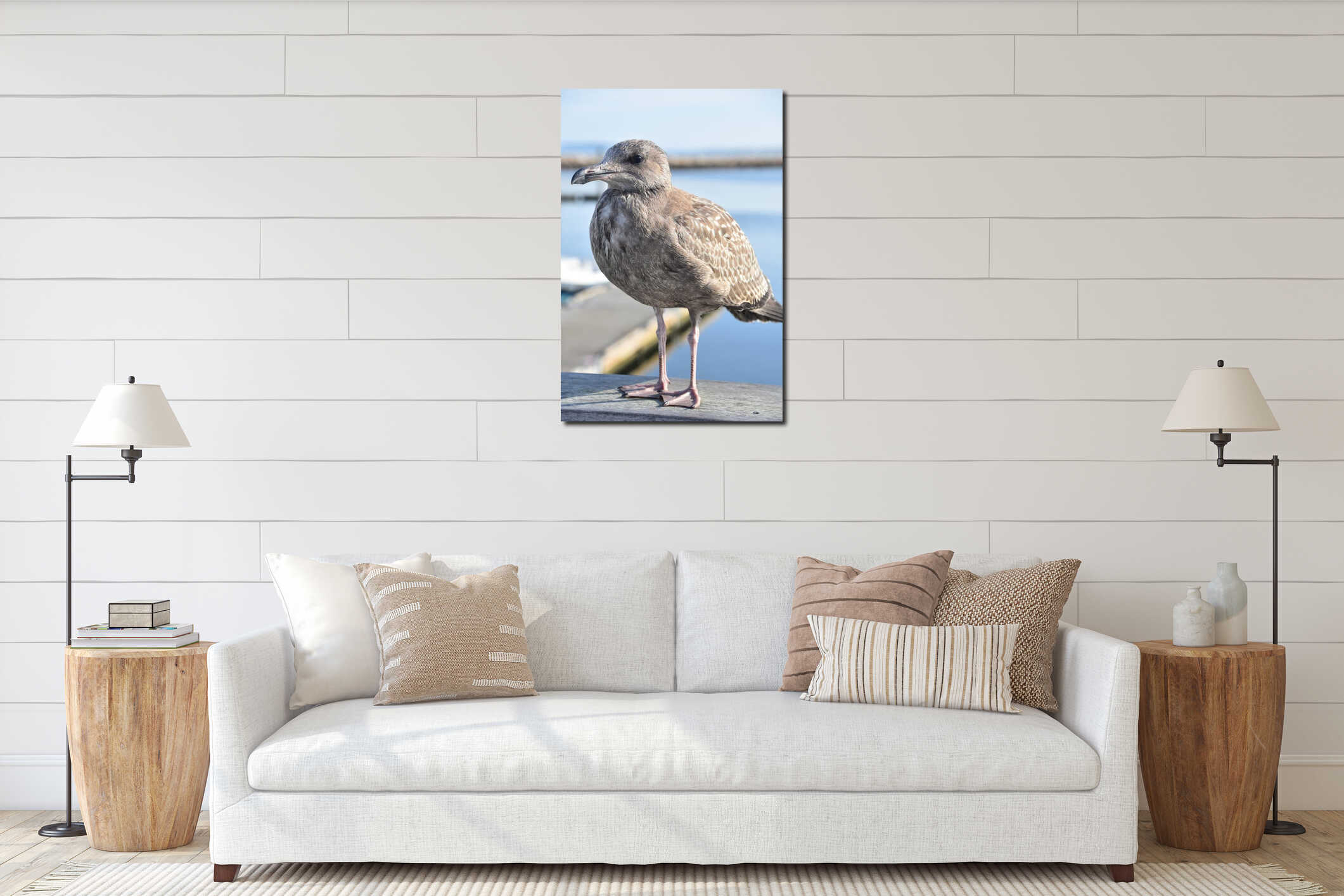 Gray Seagull Standing on a Rail over the Harbor interior mockup
