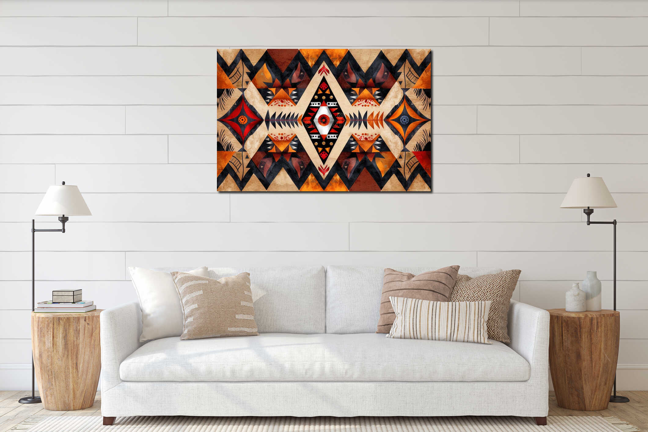 A vibrant and intricate African tribal pattern featuring bold geometric shapes, vivid colors of red, orange, and black interior mockup
