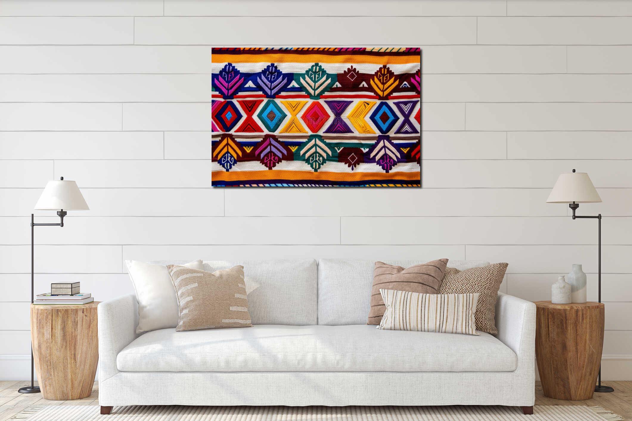 A vibrant traditional African tribal pattern with interlocking geometric shapes and motifs interior mockup