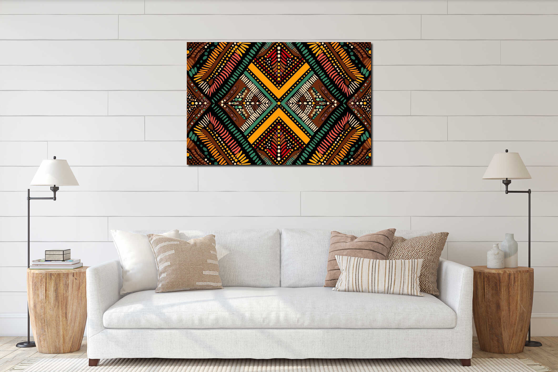 A vibrant traditional African tribal pattern featuring interlocking geometric shapes interior mockup