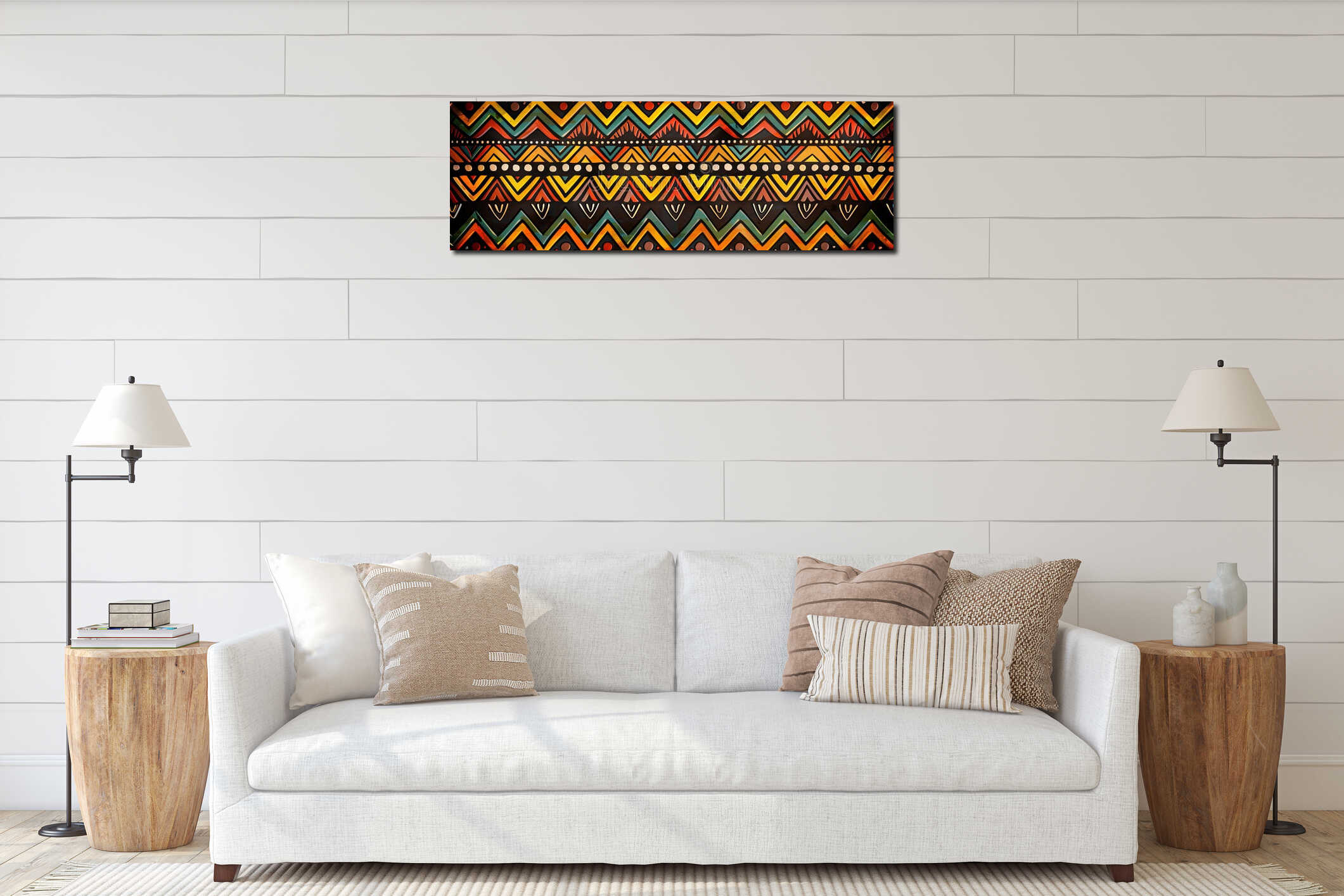 Vibrant African tribal pattern featuring colorful geometric shapes and zigzag lines interior mockup
