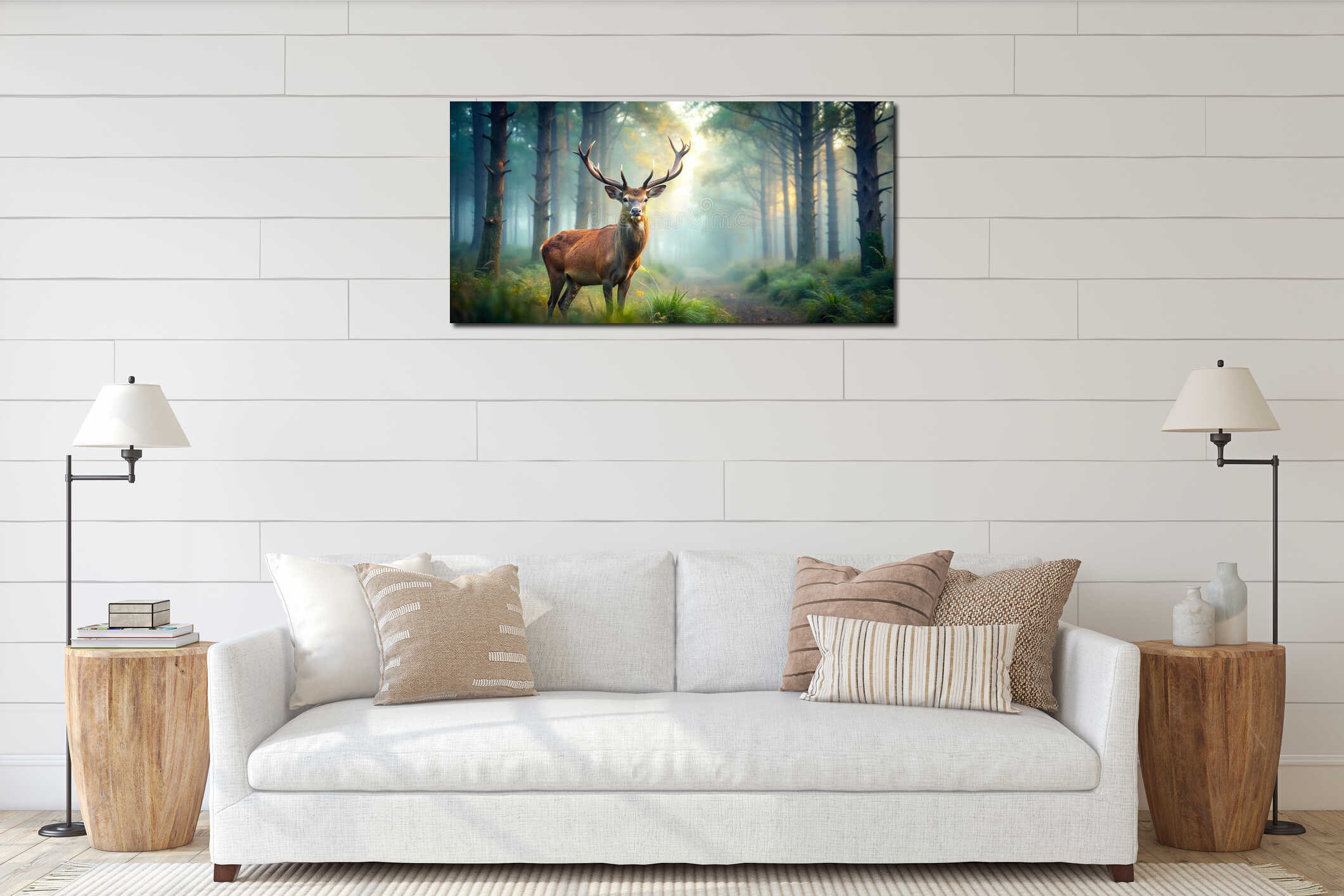 ultra realistic close shot of a dear in the forest misty morning Creative AI interior mockup