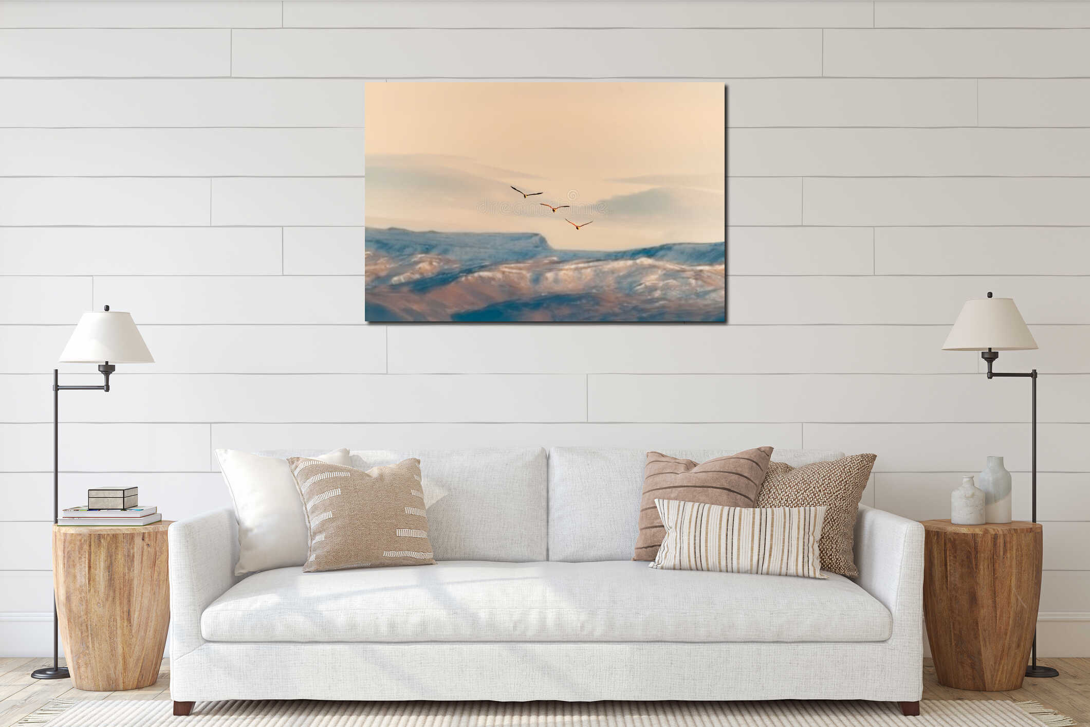 Flamingos flying. interior mockup