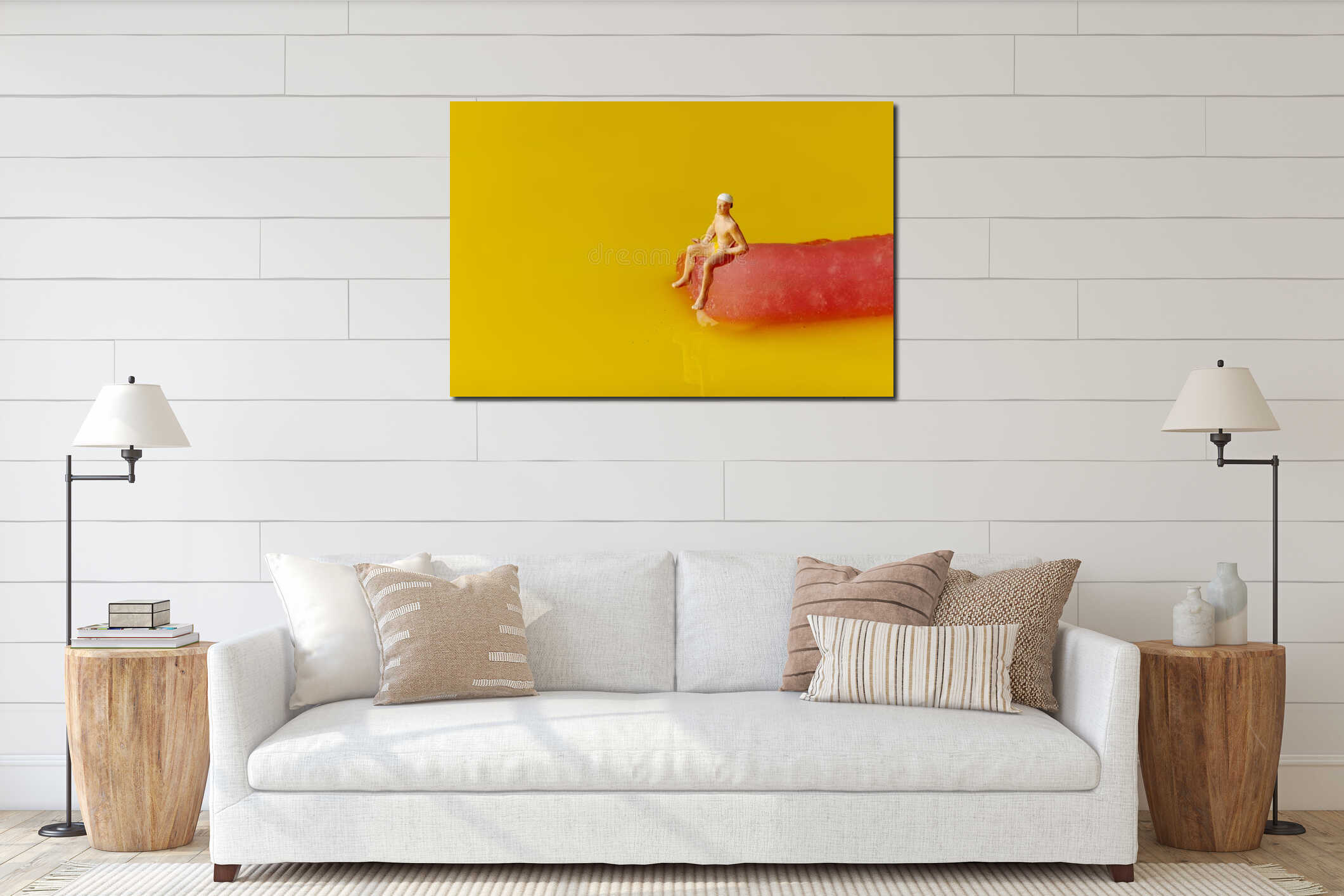 miniature man in swimsuit on a freeze pop interior mockup