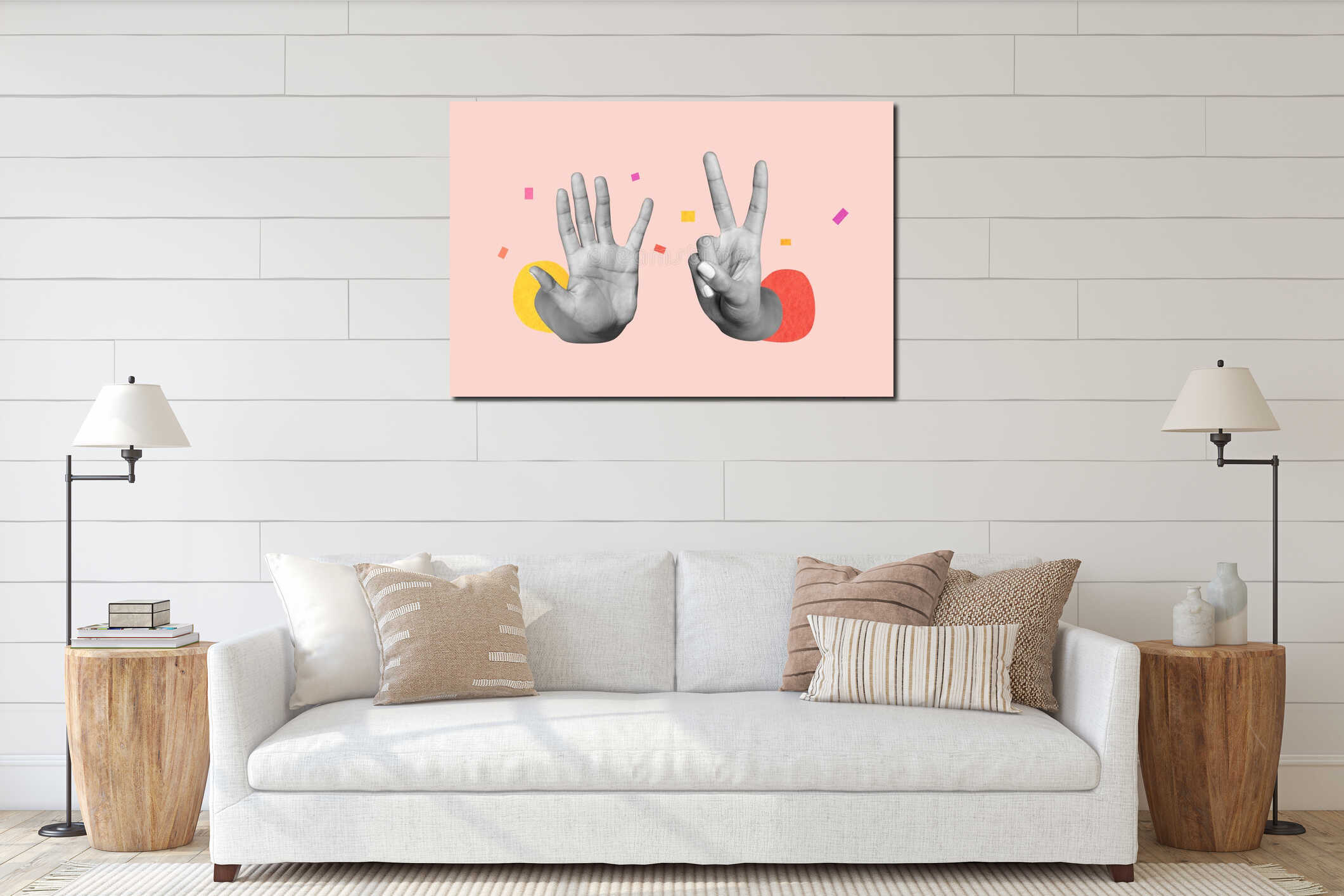 Composite trend artwork 3D sketch image photo collage of two huge hands wrist arm appear show gesture nonverbal language interior mockup