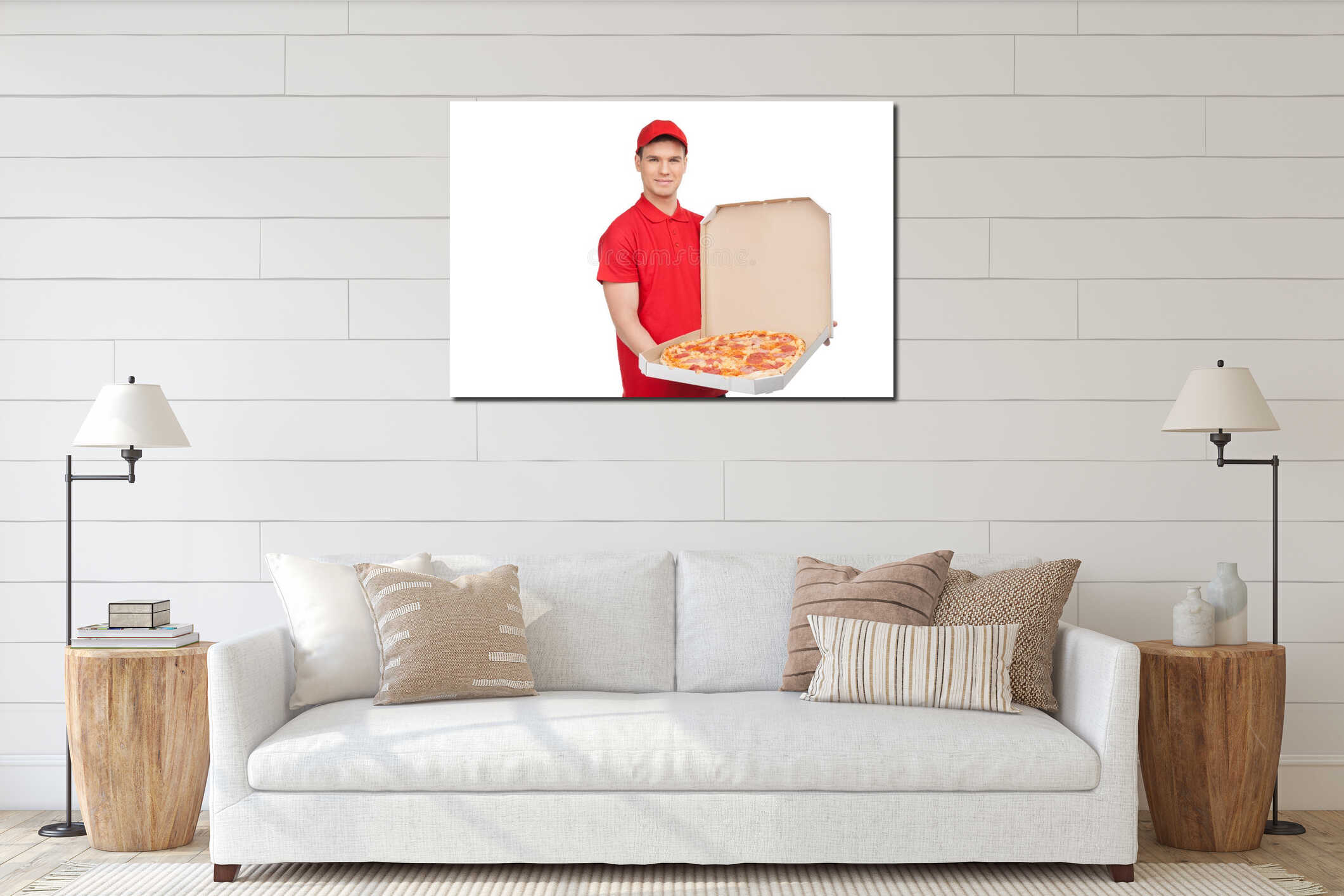 Our best pizza for you. Young cheerful pizza man holding an open interior mockup