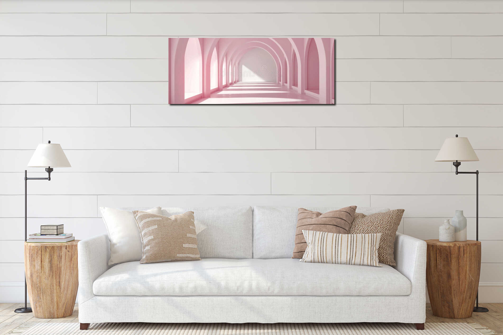 Minimalistic interior with pink arches and white floor in soft sunlight interior mockup