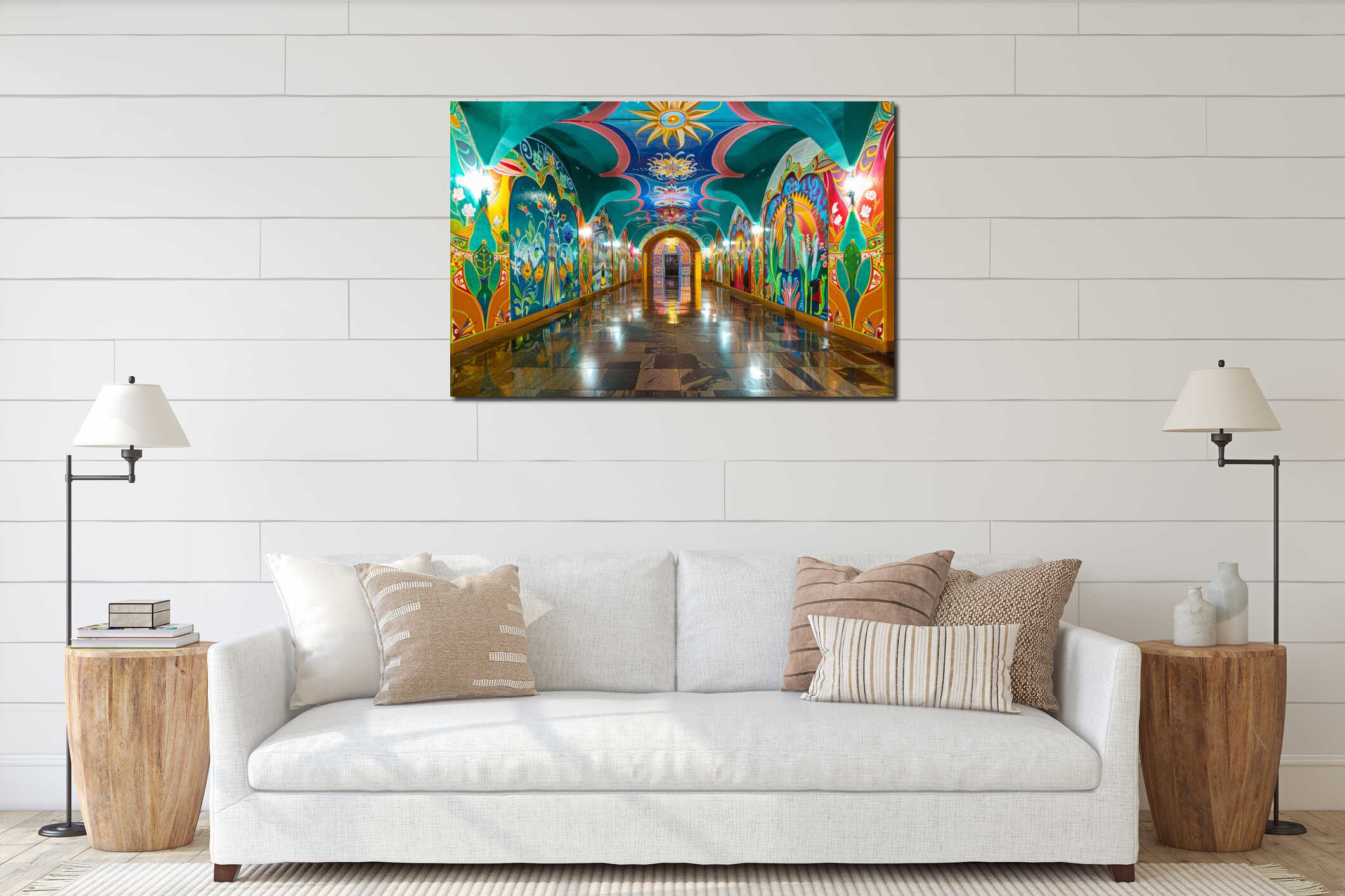 A long hallway featuring an array of paintings hanging on the walls, creating a gallery-like atmosphere interior mockup