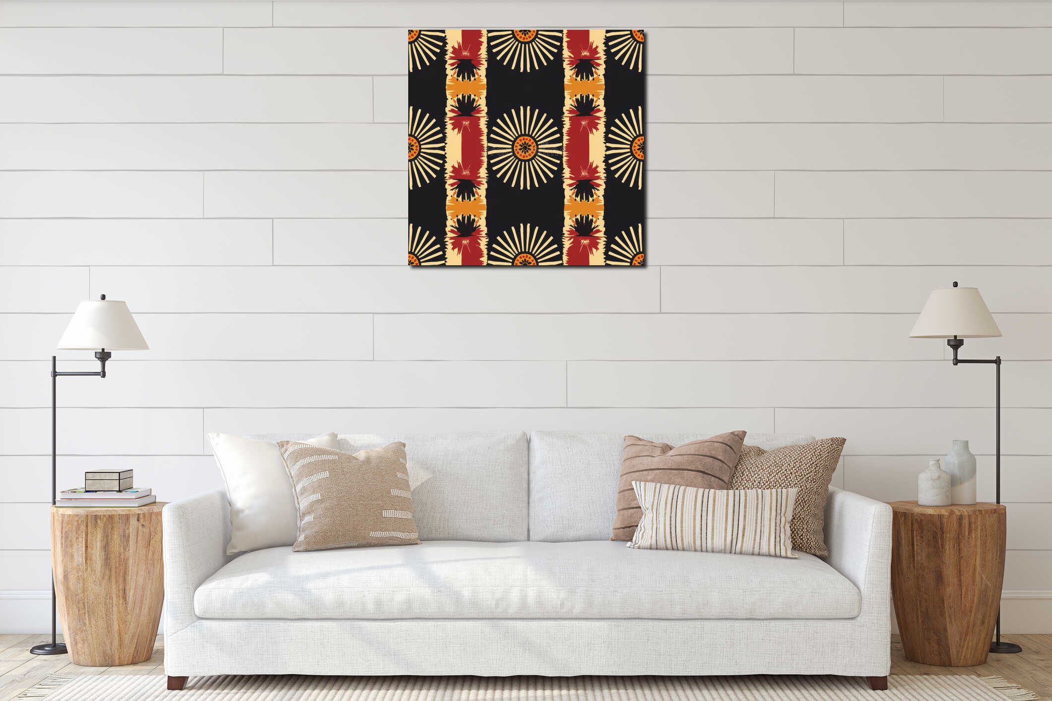 Vibrant Tribal Inspired Pattern with Warm Tones and Geometric Motifs interior mockup