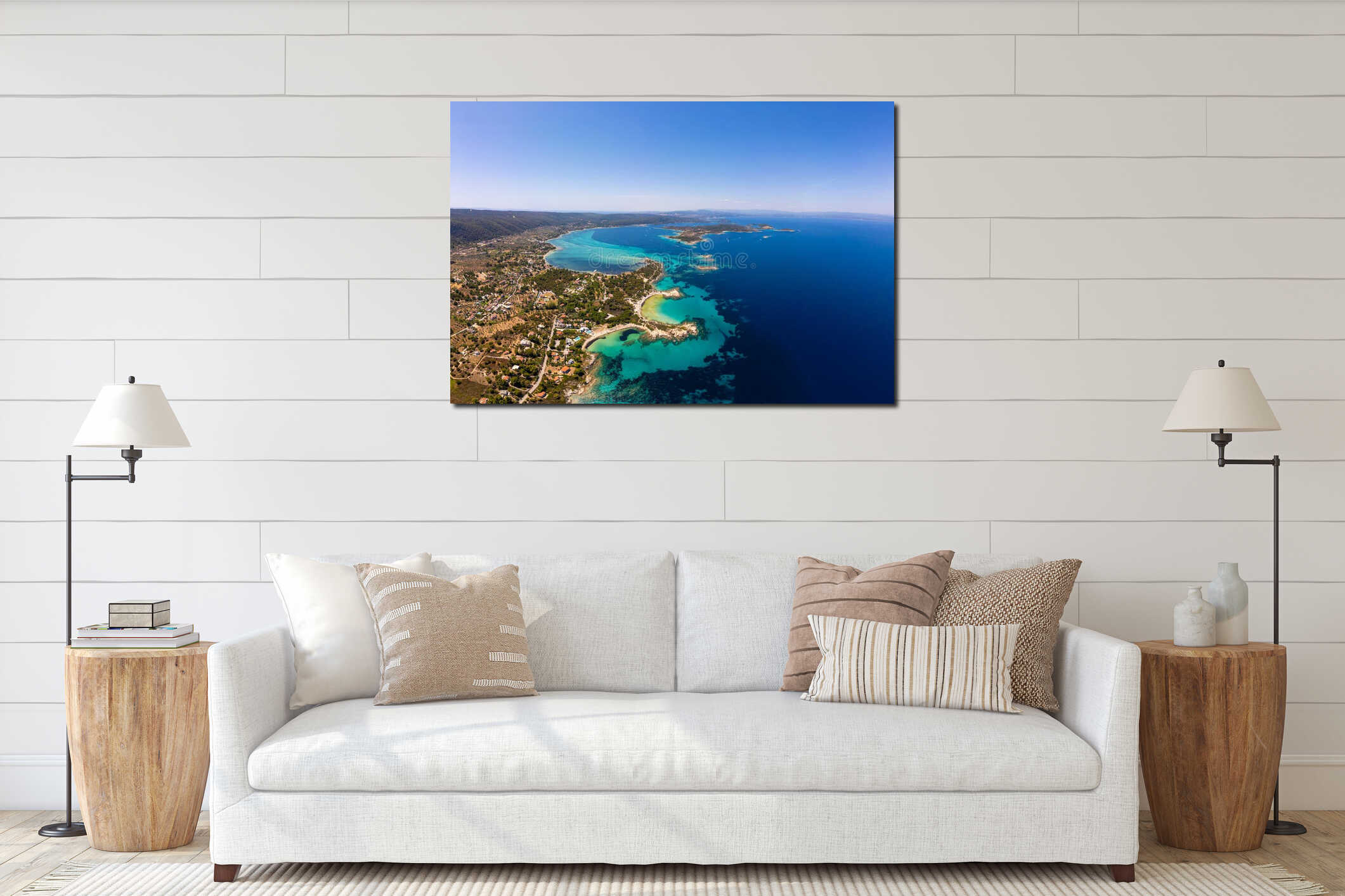 Panoramic aerial view of the stunning coastline of Sithonia, Diaporos island, Greece, with turquoise bays, lush greenery interior mockup