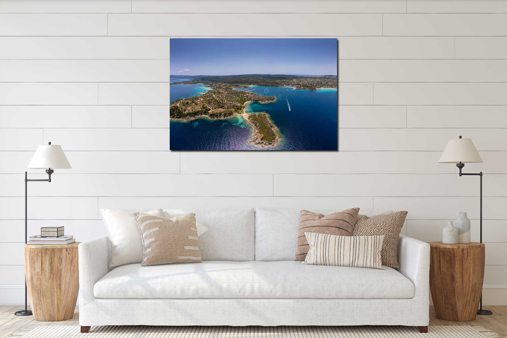 Panoramic aerial view of the stunning coastline of Sithonia, Diaporos island, Greece, with turquoise bays, lush greenery interior mockup