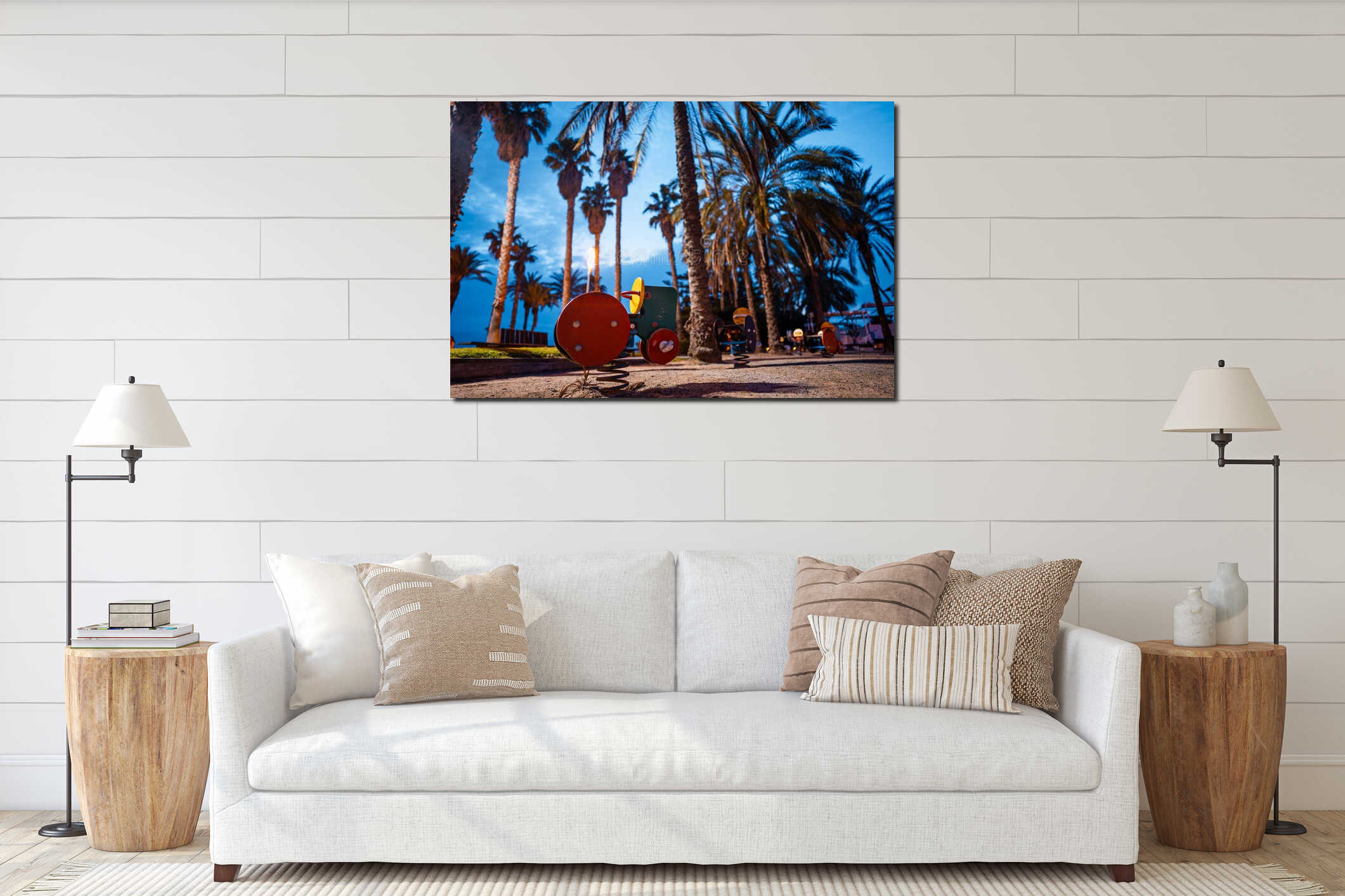 empty children playground with toy cars on springs at park with palm trees at evening interior mockup