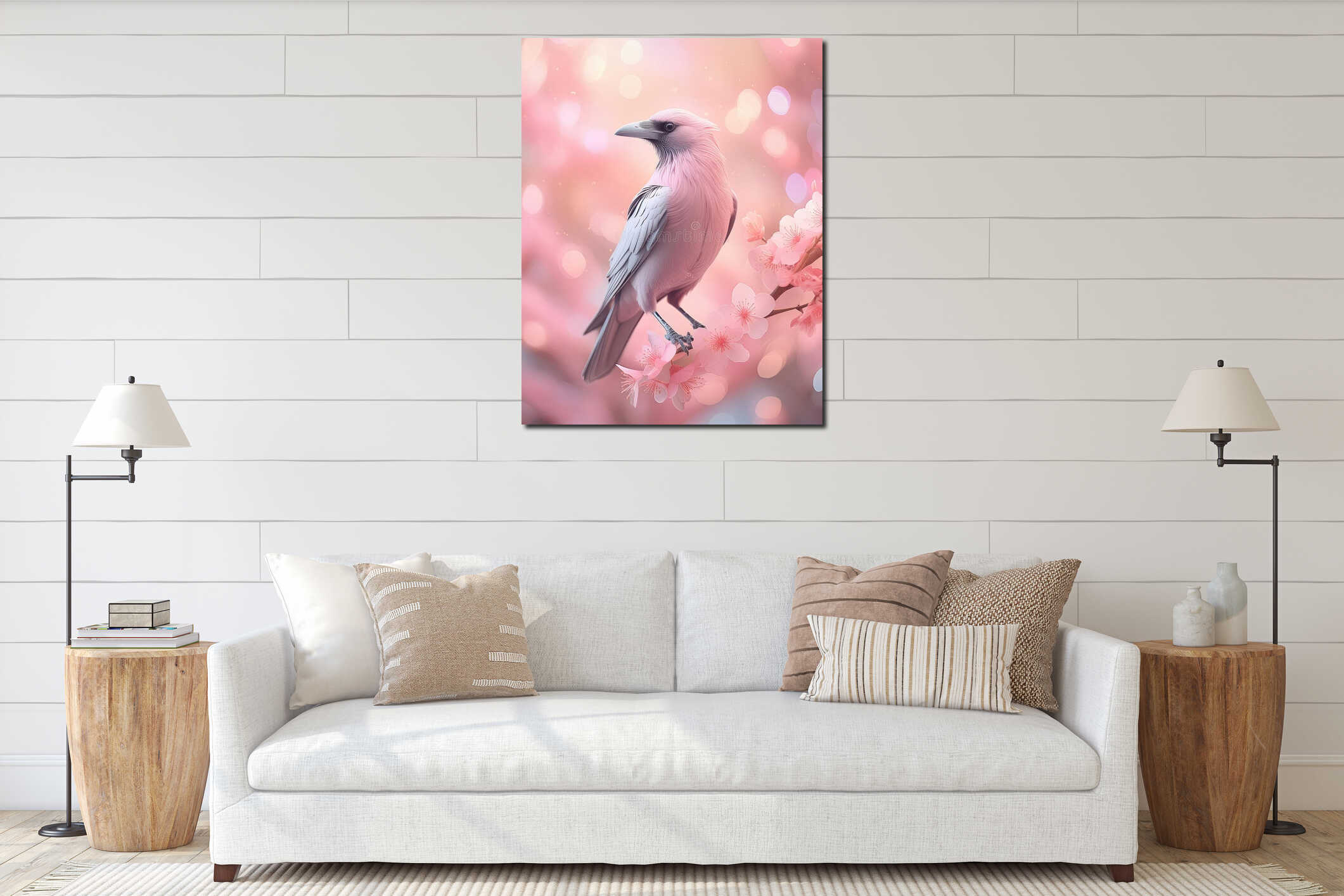 A pink bird perches on a cherry blossom branch, lit by soft light in a serene setting interior mockup