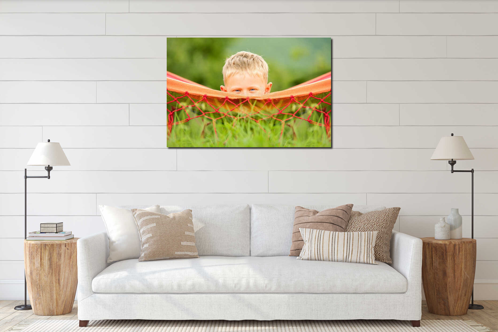 Closeup portrait little boy in hammock interior mockup