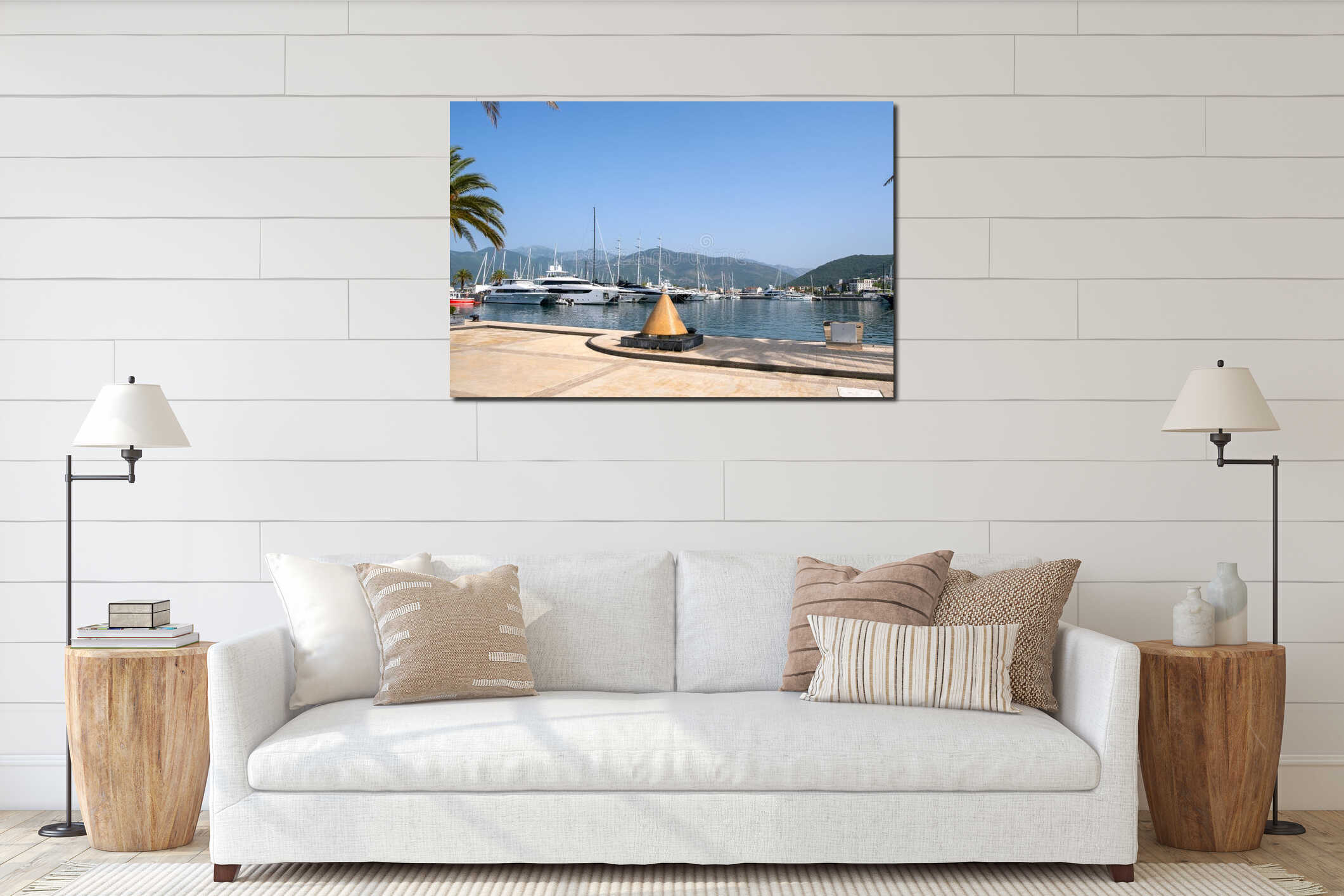 Tivat, Montenegro - 06.22.2024: seagull, fountain and view of Tivat Bay, Montenegro interior mockup