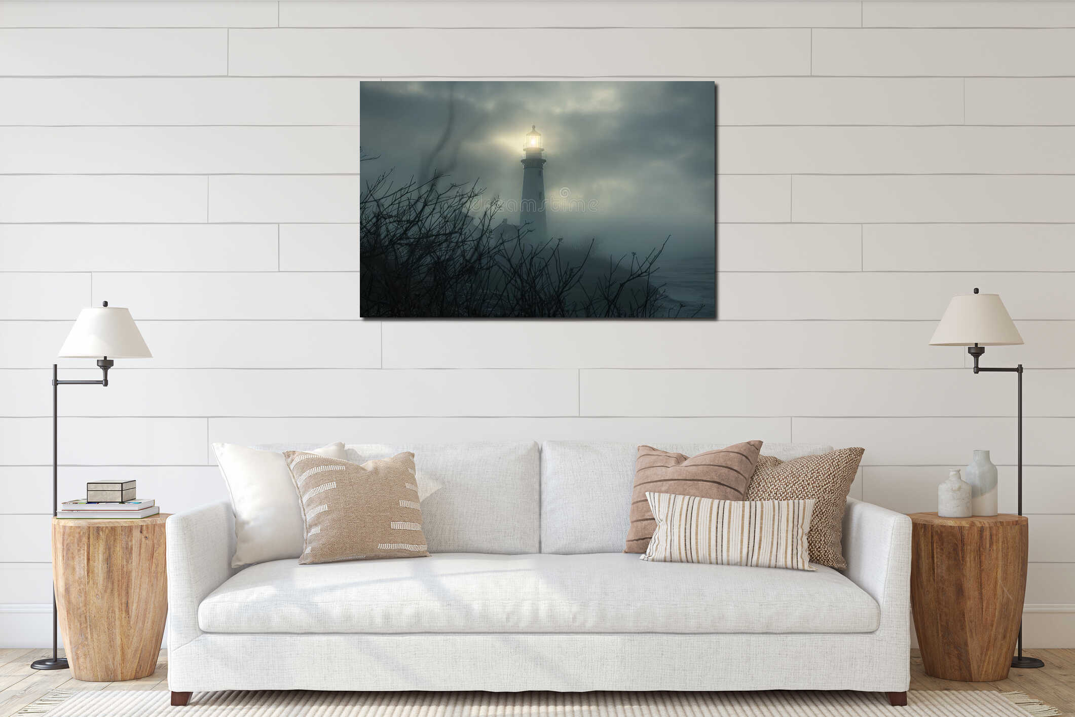 Silhouette of a lighthouse emerging from the fog with the sun breaking through the mist interior mockup