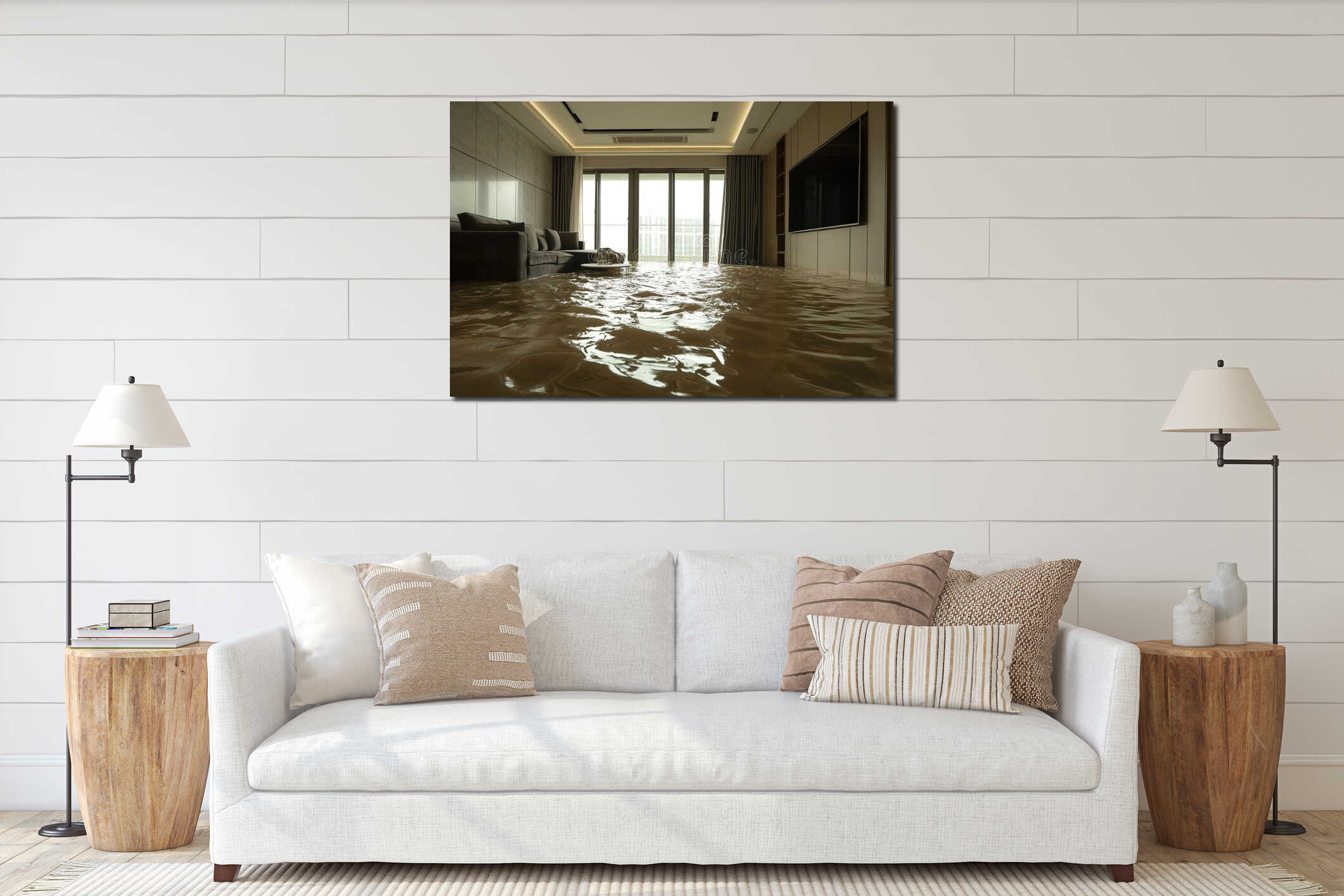 Water floods apartment living room on 5th floor as massive flood damages interior. High-resolution wide-angle view of interior mockup