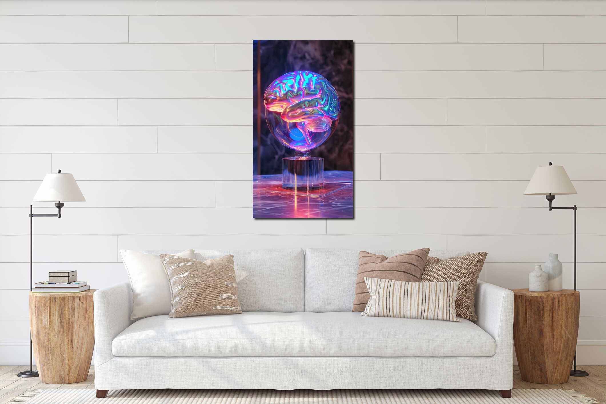 A glowing neon brain model displayed on a transparent acrylic and marble podium, highlighting the intersection of interior mockup