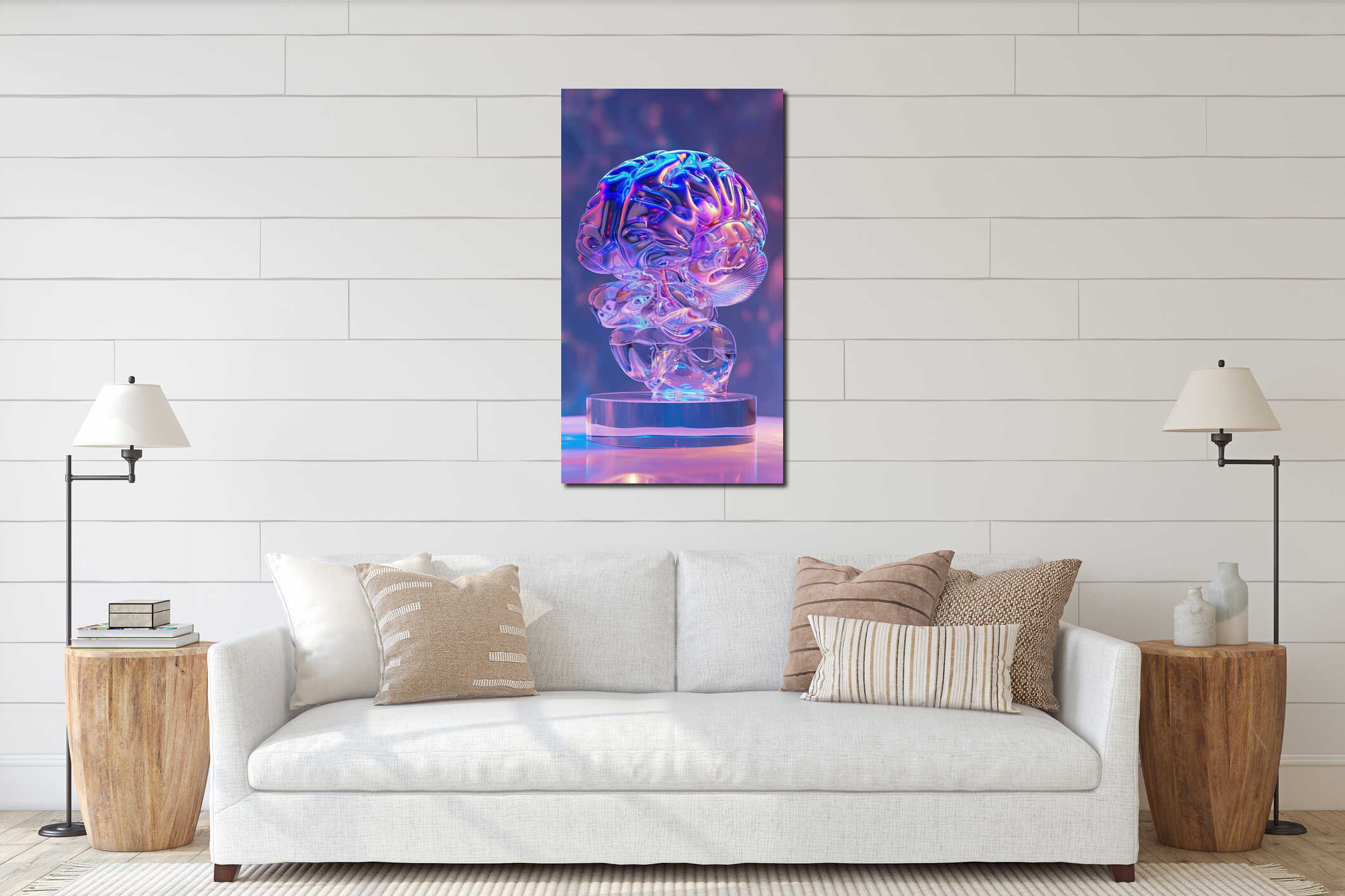 A glowing neon brain model displayed on a transparent acrylic and marble podium, highlighting the intersection of interior mockup