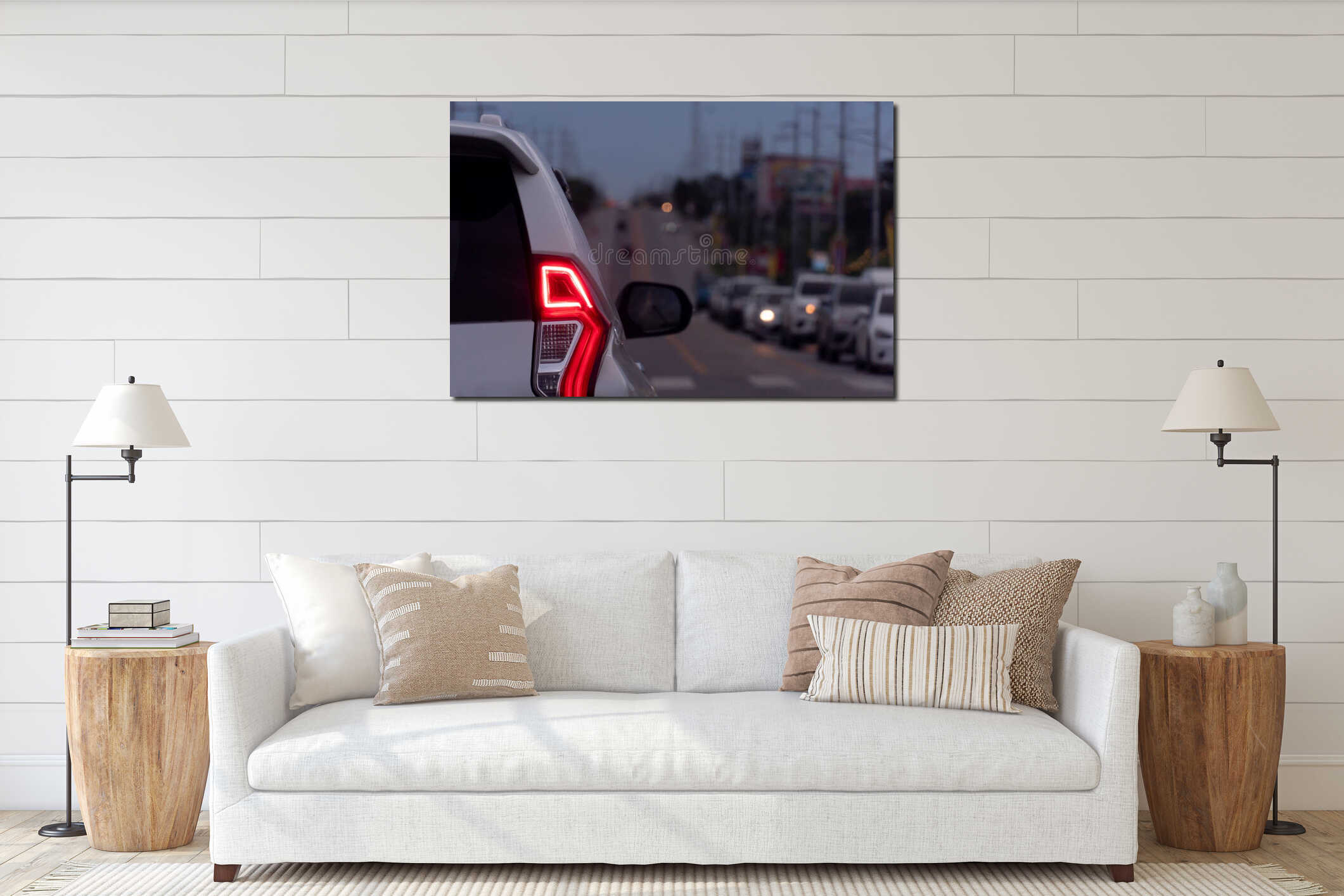 Abstract and blurred rear side of white car open light brake at evening. interior mockup