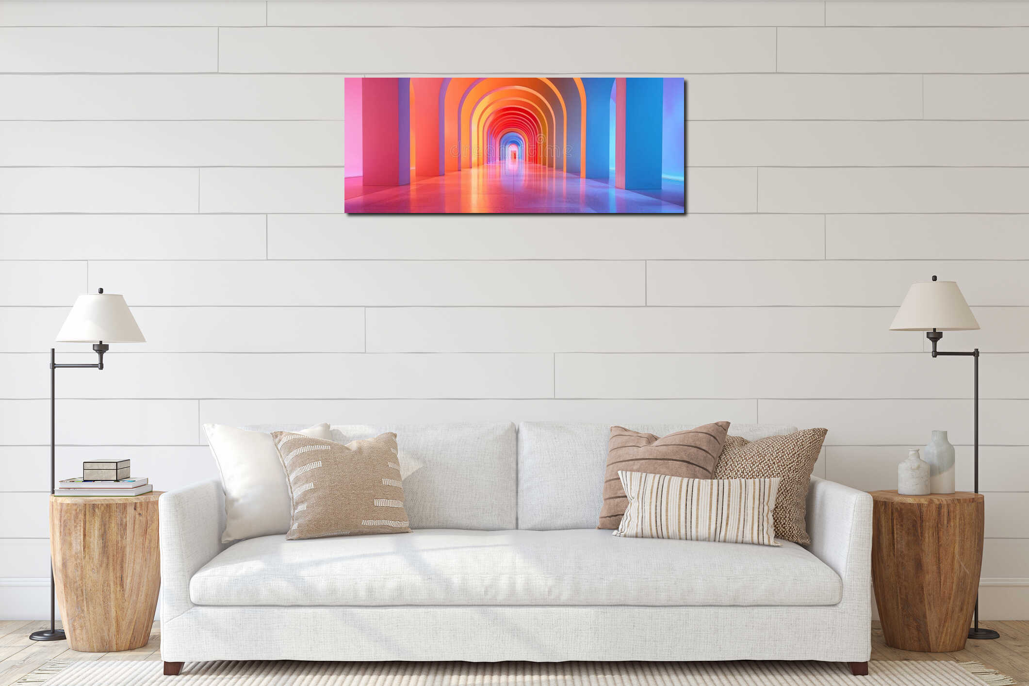 Abstract neon archway with vibrant rainbow colors in a futuristic hallway interior mockup