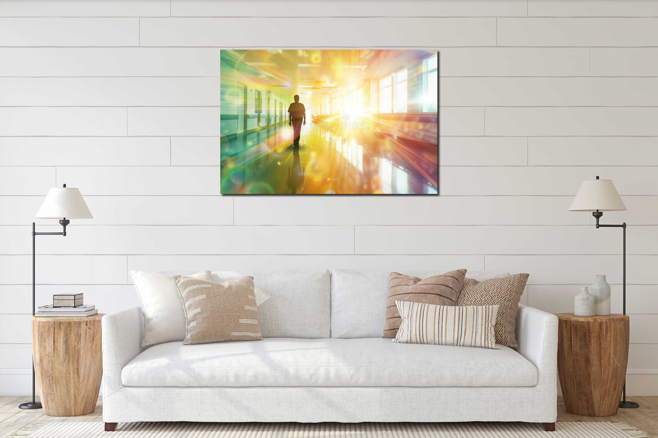 Lone Silhouette in Sunlit Hospital Corridor with Vibrant Light Effects interior mockup