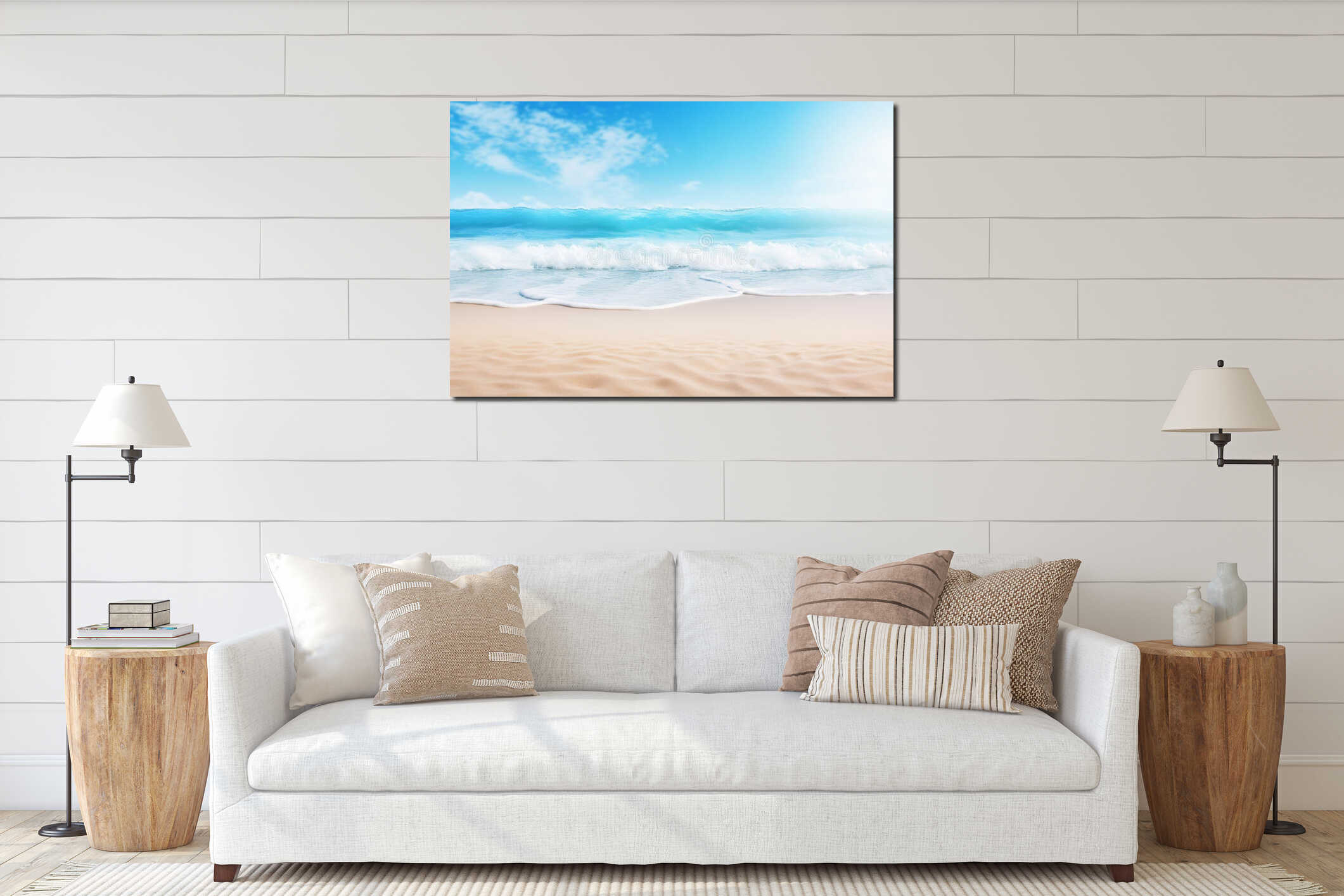 Aerial sandy beach with blue waves, sunlight, ideal for summer banners, spa outdoor concept interior mockup
