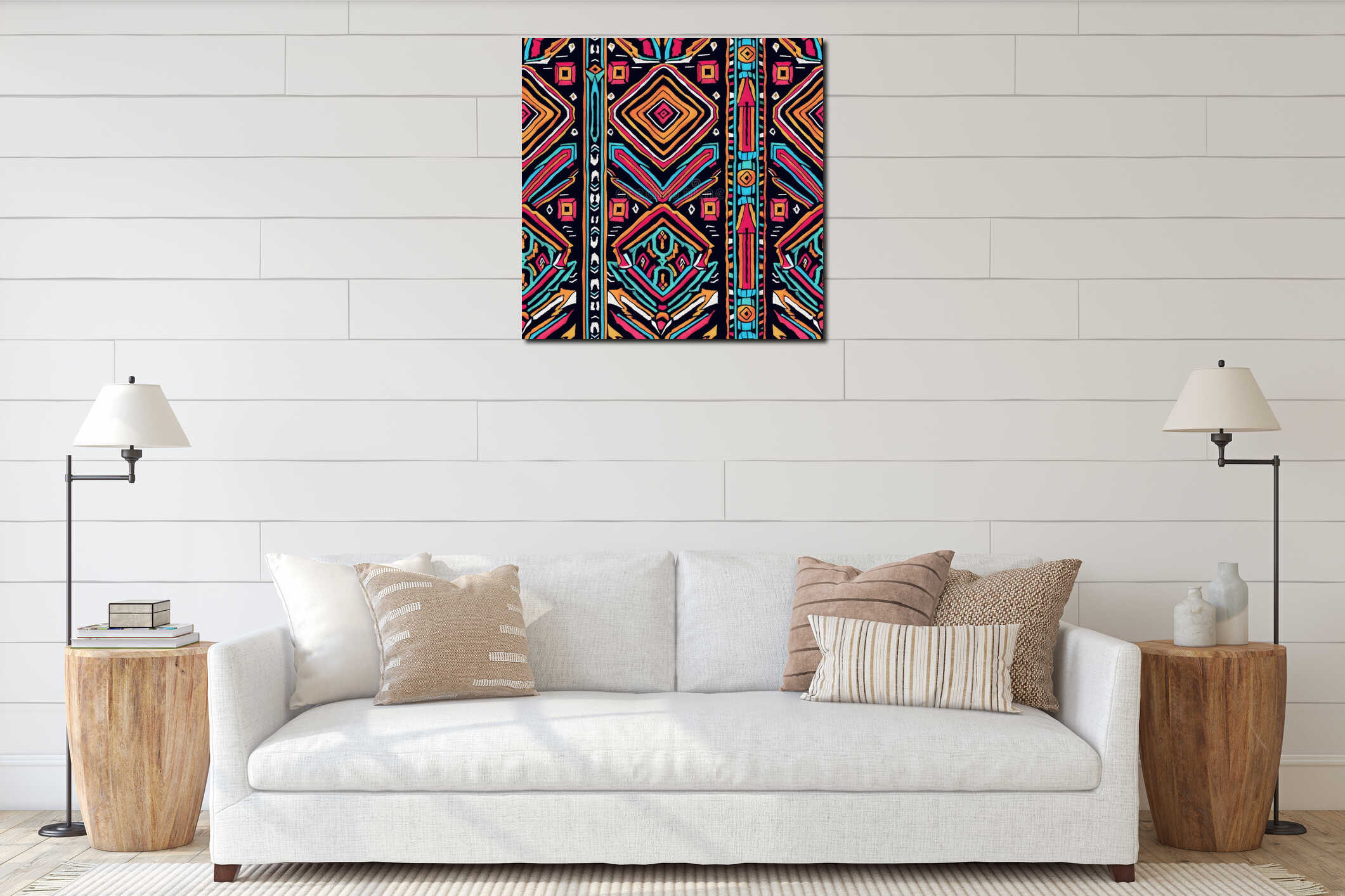 Vibrant Tribal Pattern Textile Design with Geometric Motifs interior mockup