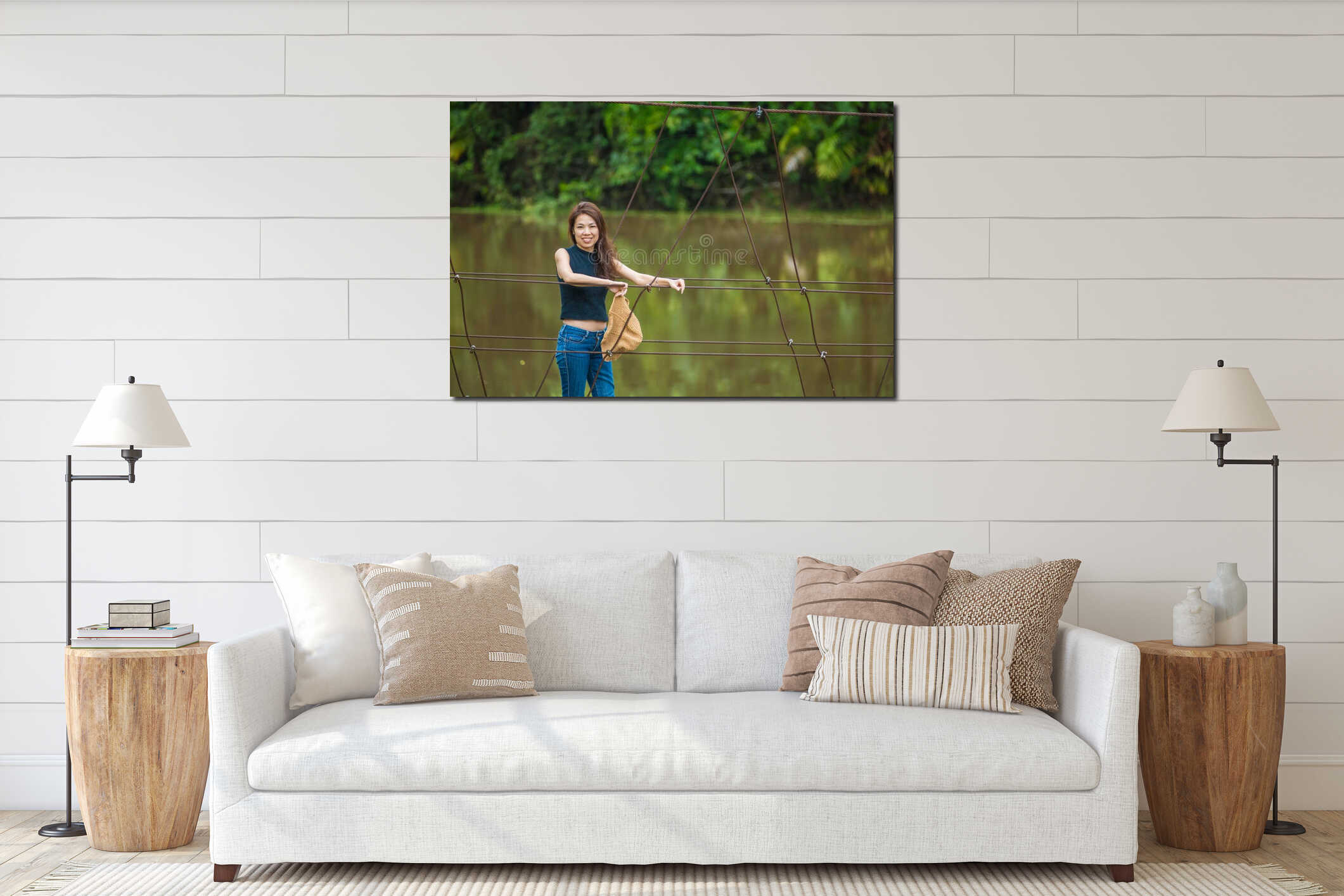 Portrait traveler woman on the bridge to the jungle interior mockup