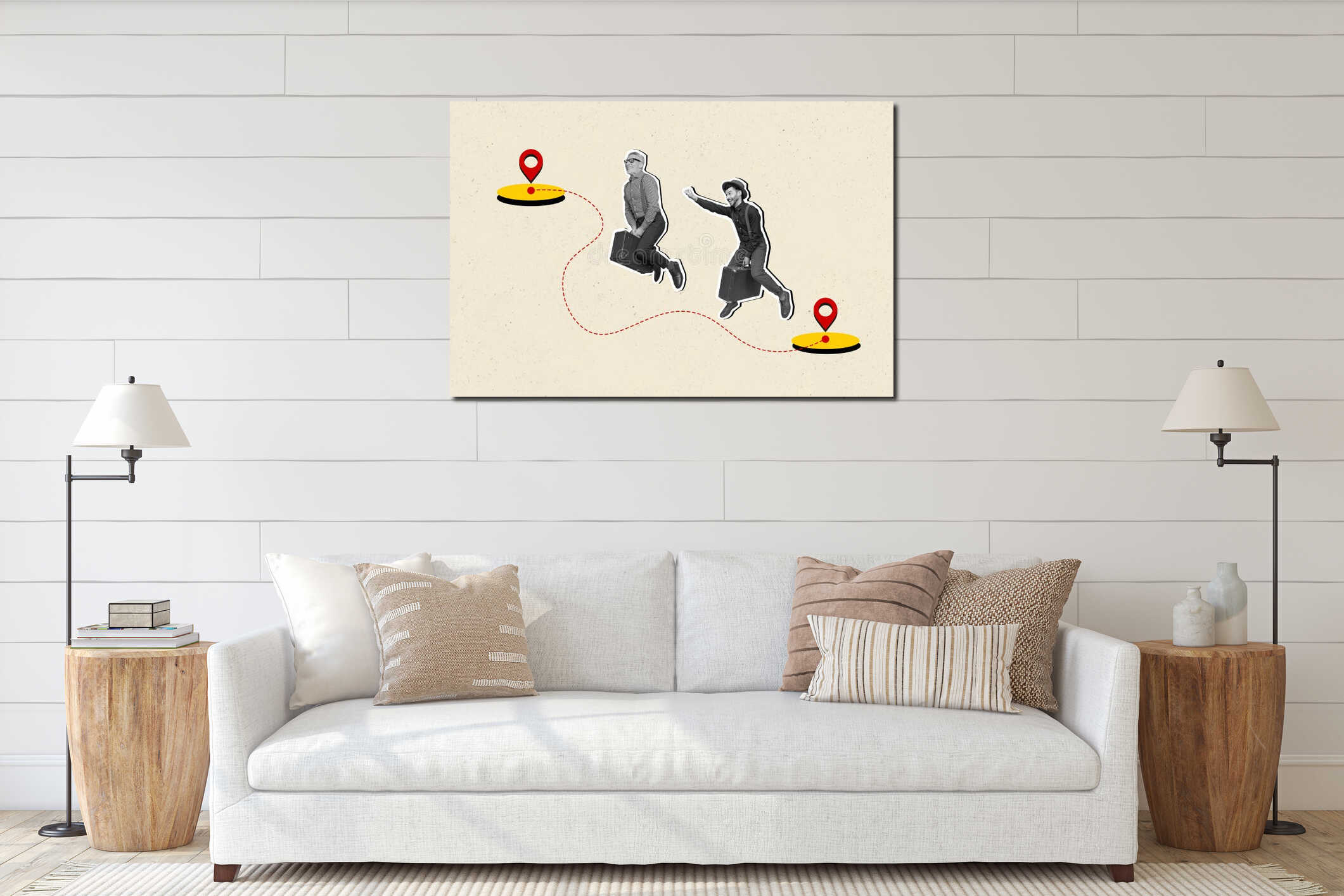 Composite trend sketch image collage of summer vacation travel trip tourism way journey geo point map mark team friend interior mockup