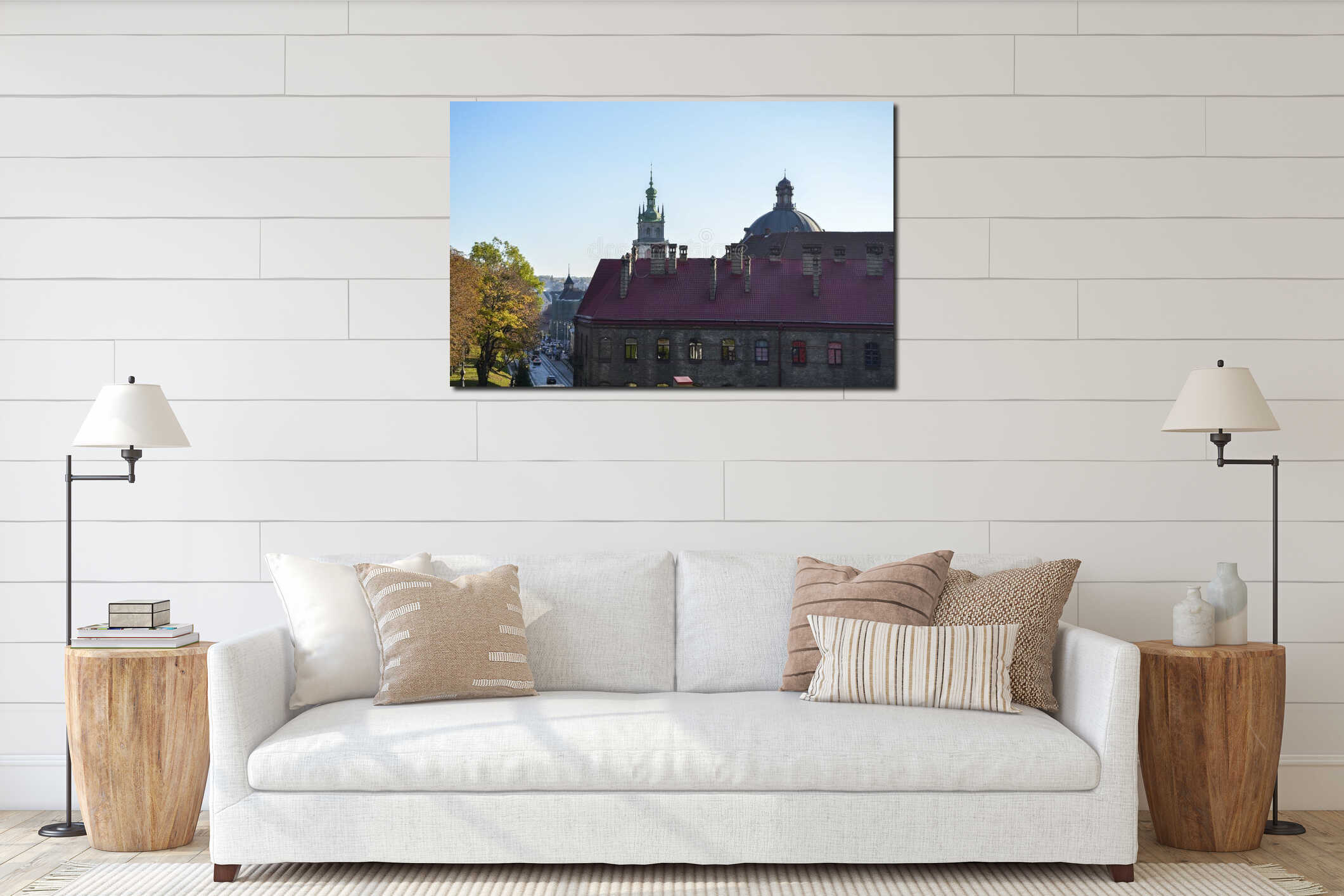 Roofs of houses and domes of temples in the historical part of the ancient city of Lviv interior mockup