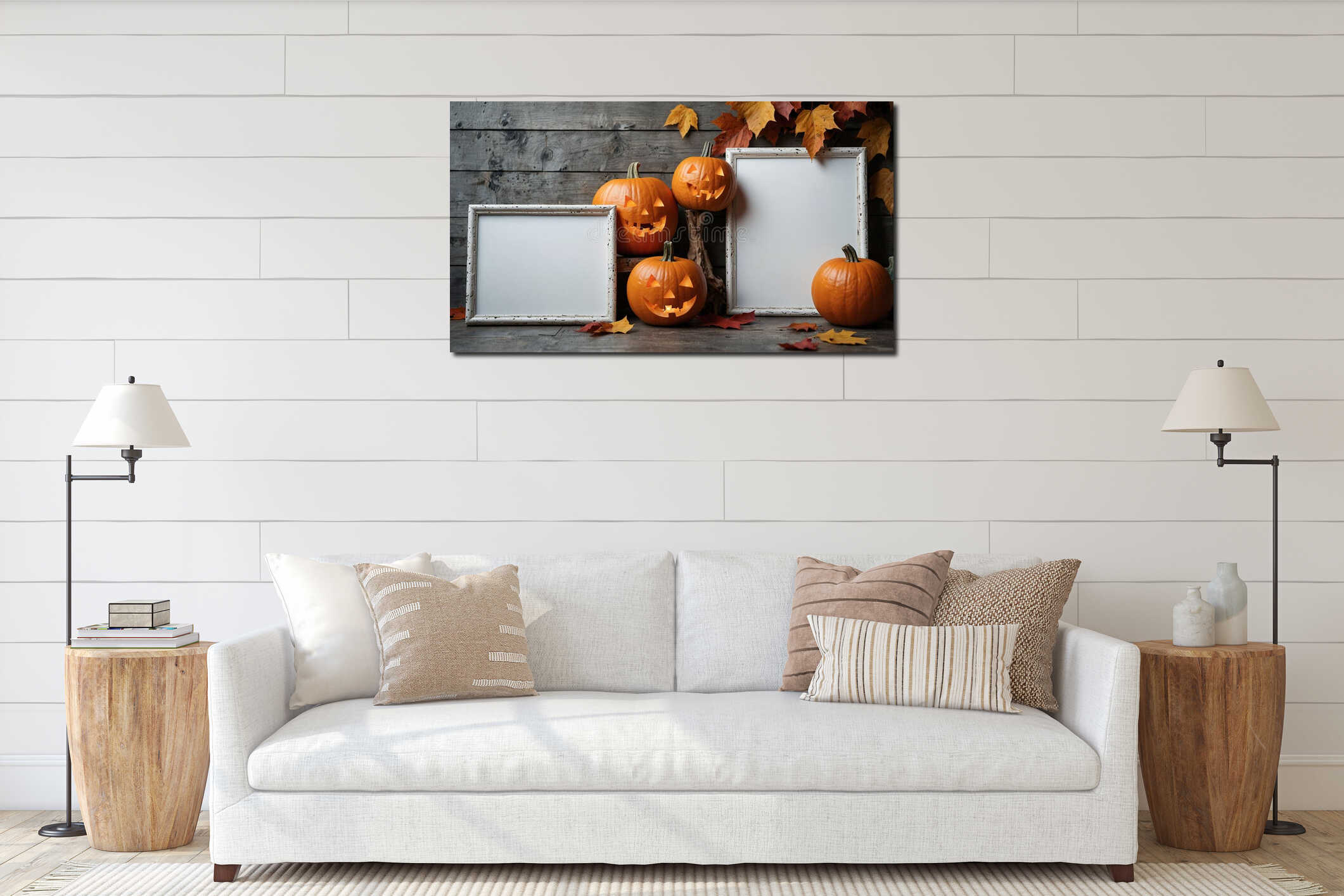 A rustic setup of jack-o'-lanterns with blank signboards and autumn leaves, perfect for a Halloween-themed display. interior mockup