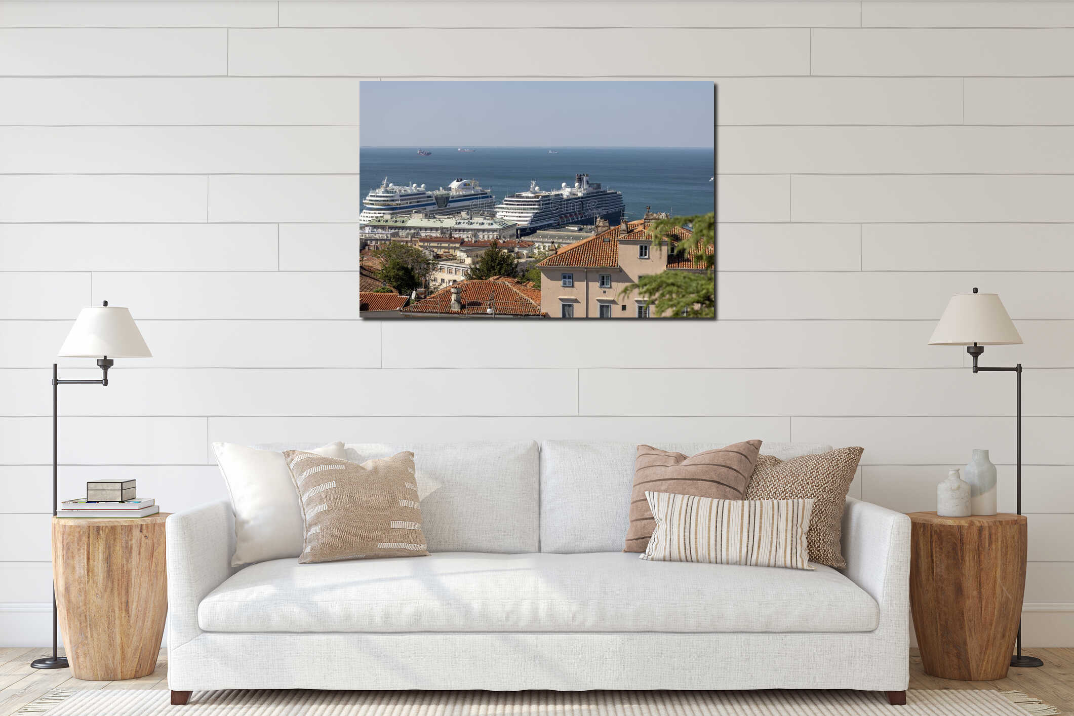 Aerial view from San Giusto Hill of city and port for ships, large passenger ferries moored in the port, Trieste, Italy interior mockup