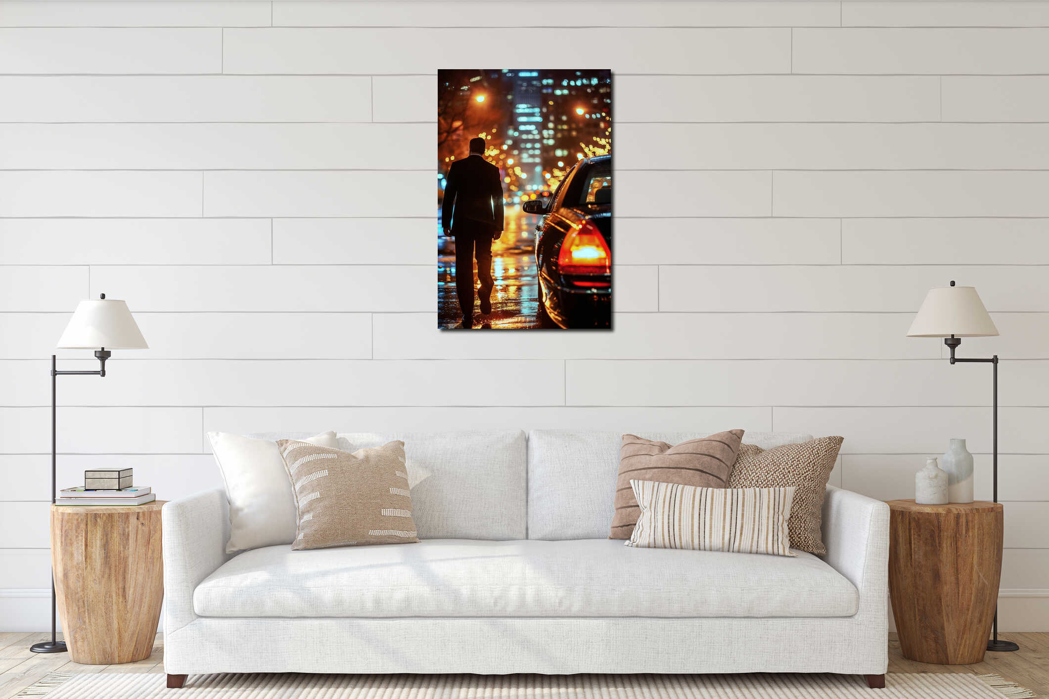Businessman exiting limousine in urban night scene with city lights reflecting on wet pavement interior mockup