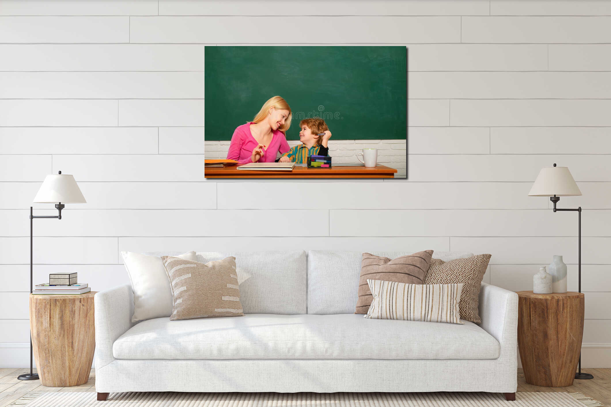 Young teacher and funny cute little student school boy in a classroom. interior mockup