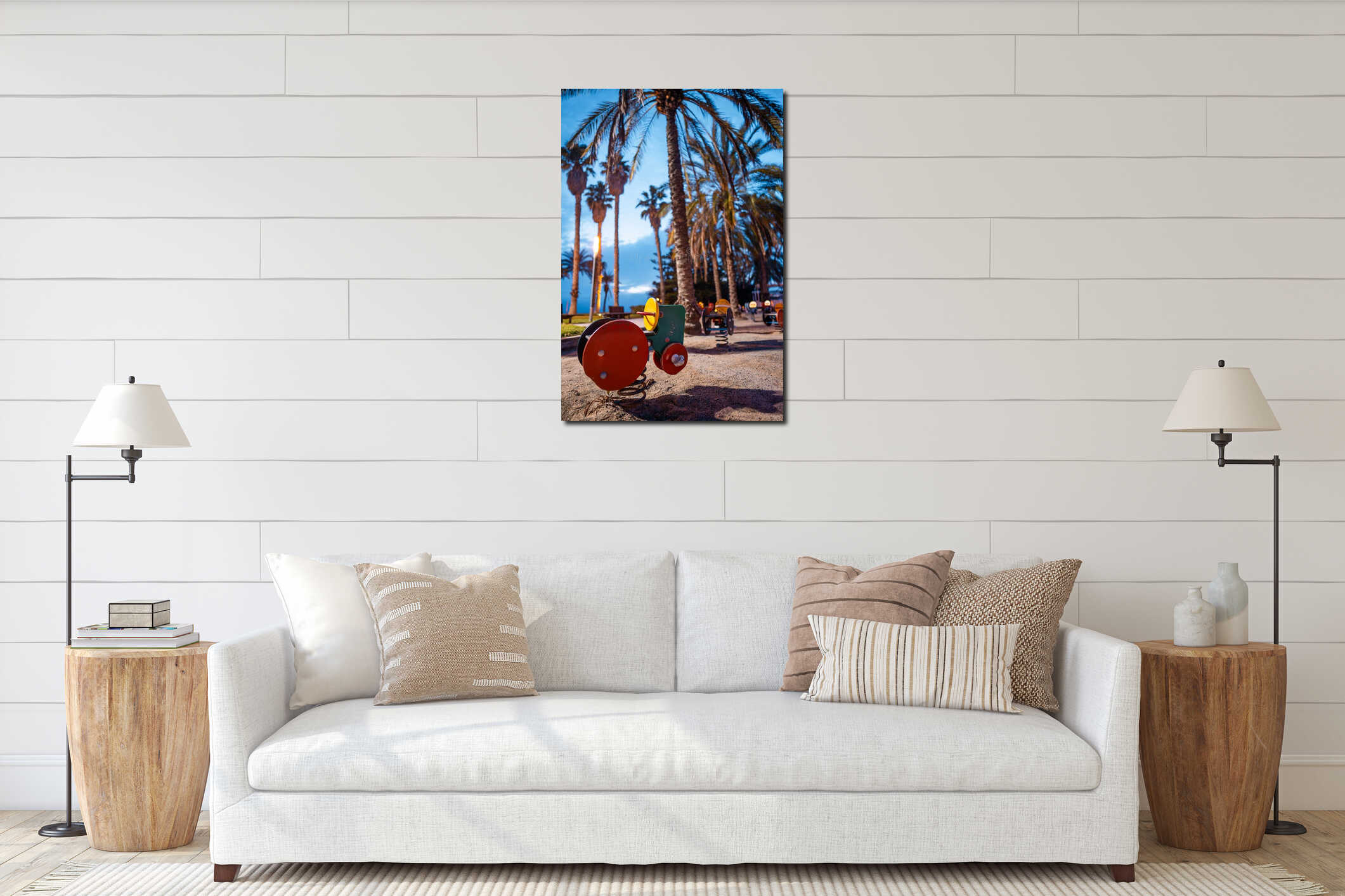 empty children playground with toy cars on springs at park with palm trees at evening interior mockup