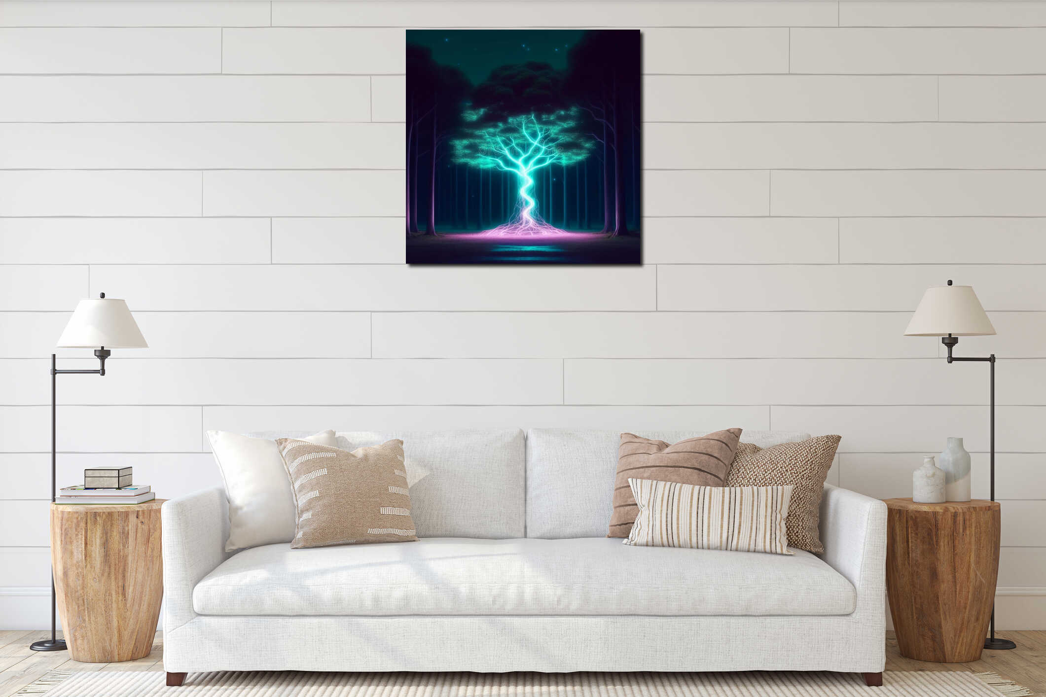 tree glows in the forest advanced technology hi-tech created by artificial intelligence interior mockup