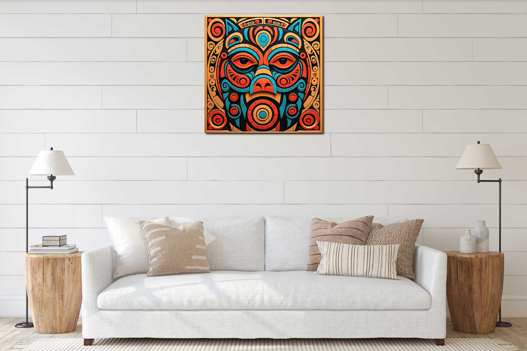 Vibrant tribal-inspired geometric art piece interior mockup