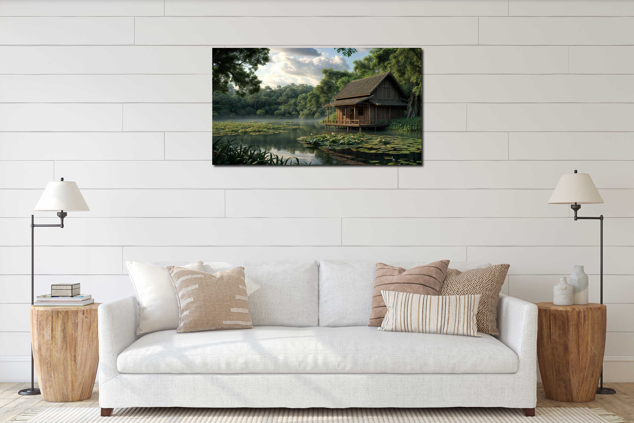 Pond landscape, traditional wooden house interior mockup