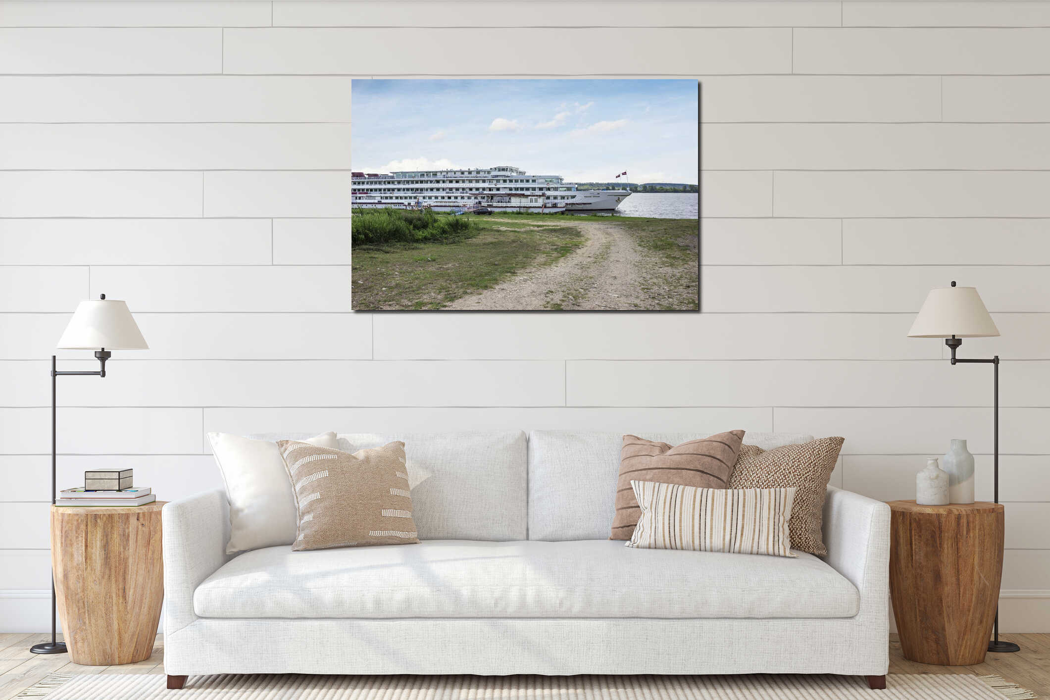 River cruise ships brought tourists and moored at a floating dock near an unequipped shore. River Volga. Russia interior mockup