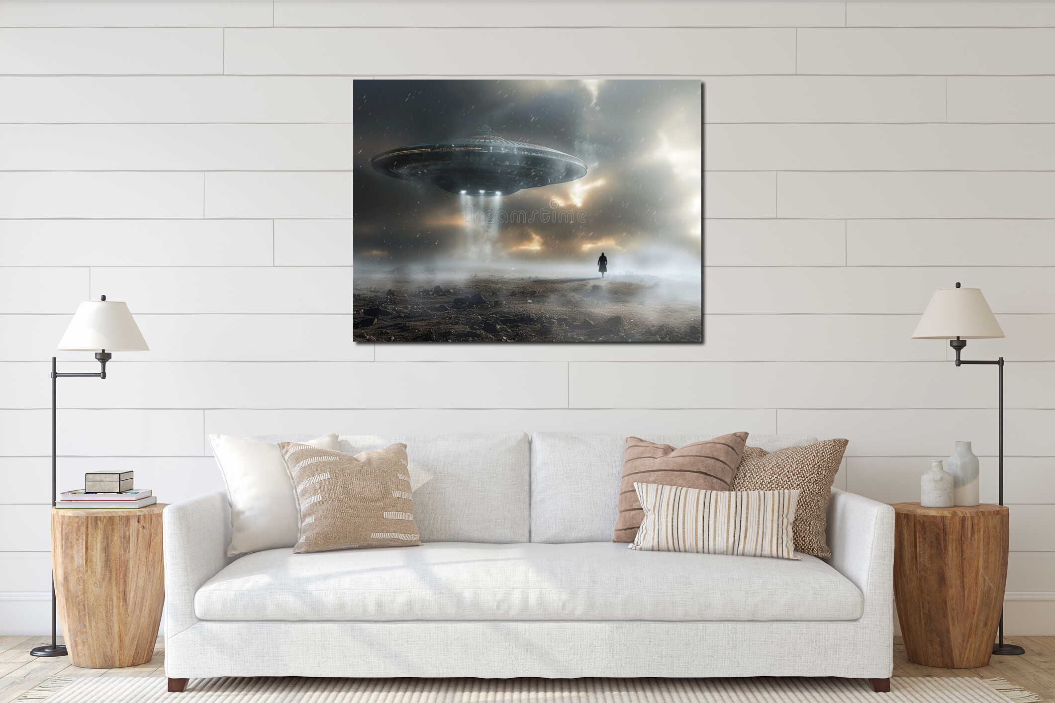 A large UFO hovers above a desolate, rocky landscape in a stormy atmosphere, with a solitary figure standing beneath it interior mockup
