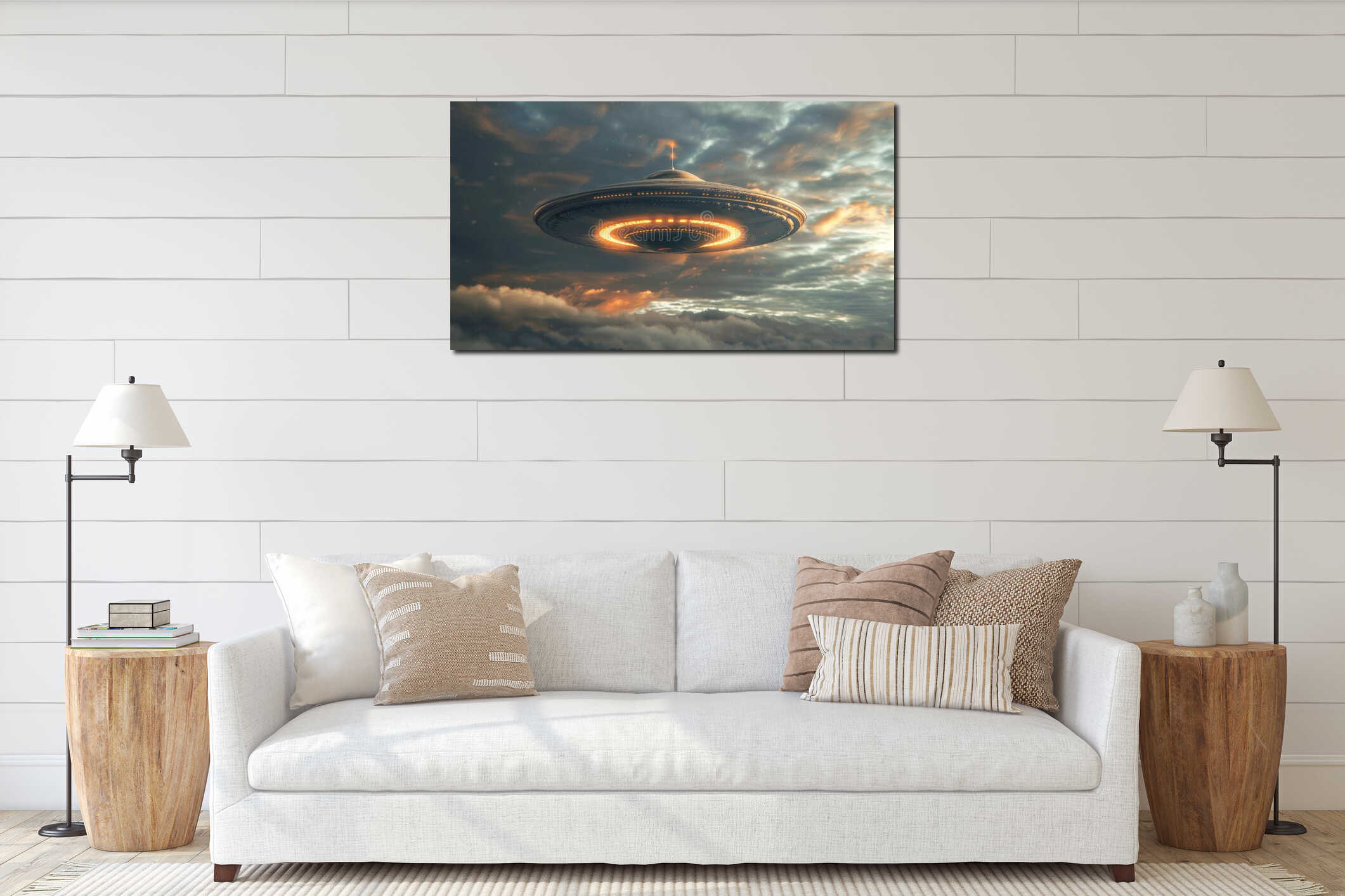 A large UFO hovers silently above the clouds, emitting a bright light, against a backdrop of a cloudy sky interior mockup
