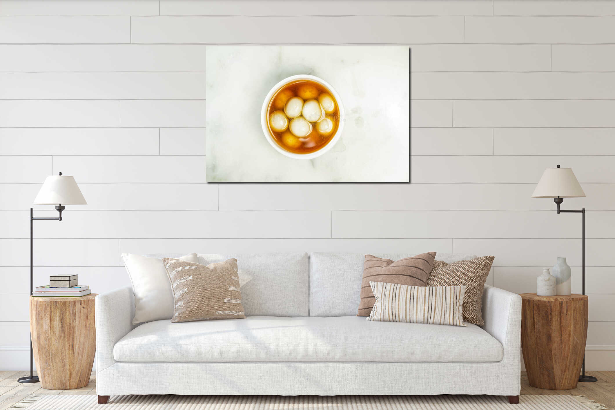 Ginger sesame soup balls served in bowl isolated on grey background top view of asian food interior mockup