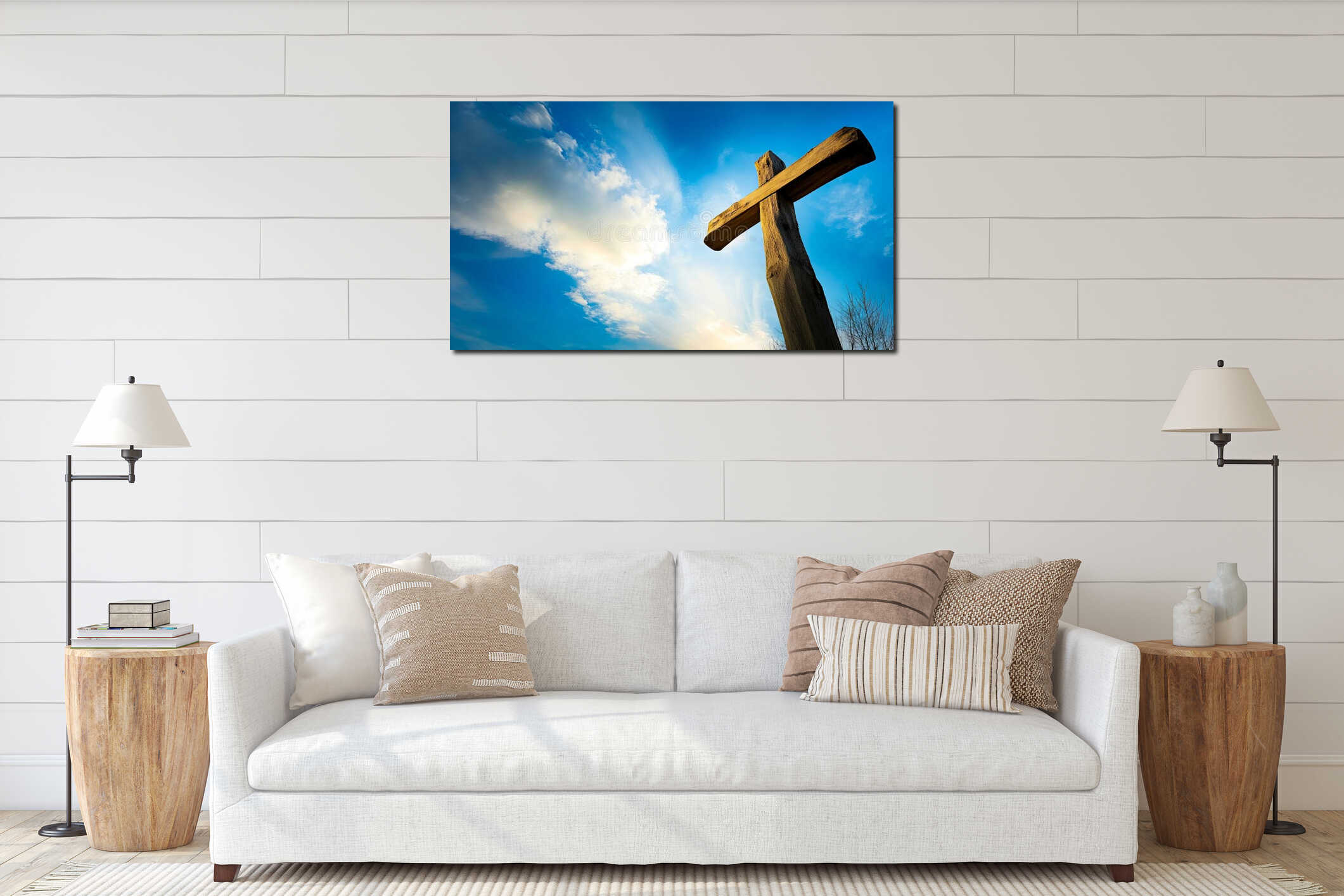 A wooden cross against a blue sky with clouds interior mockup