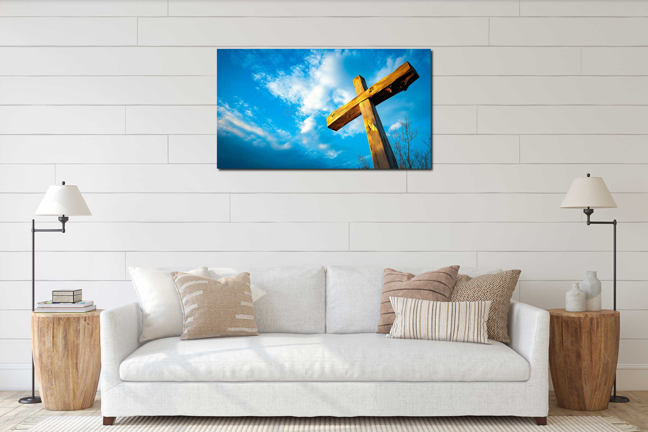 A wooden cross against a blue sky with clouds interior mockup