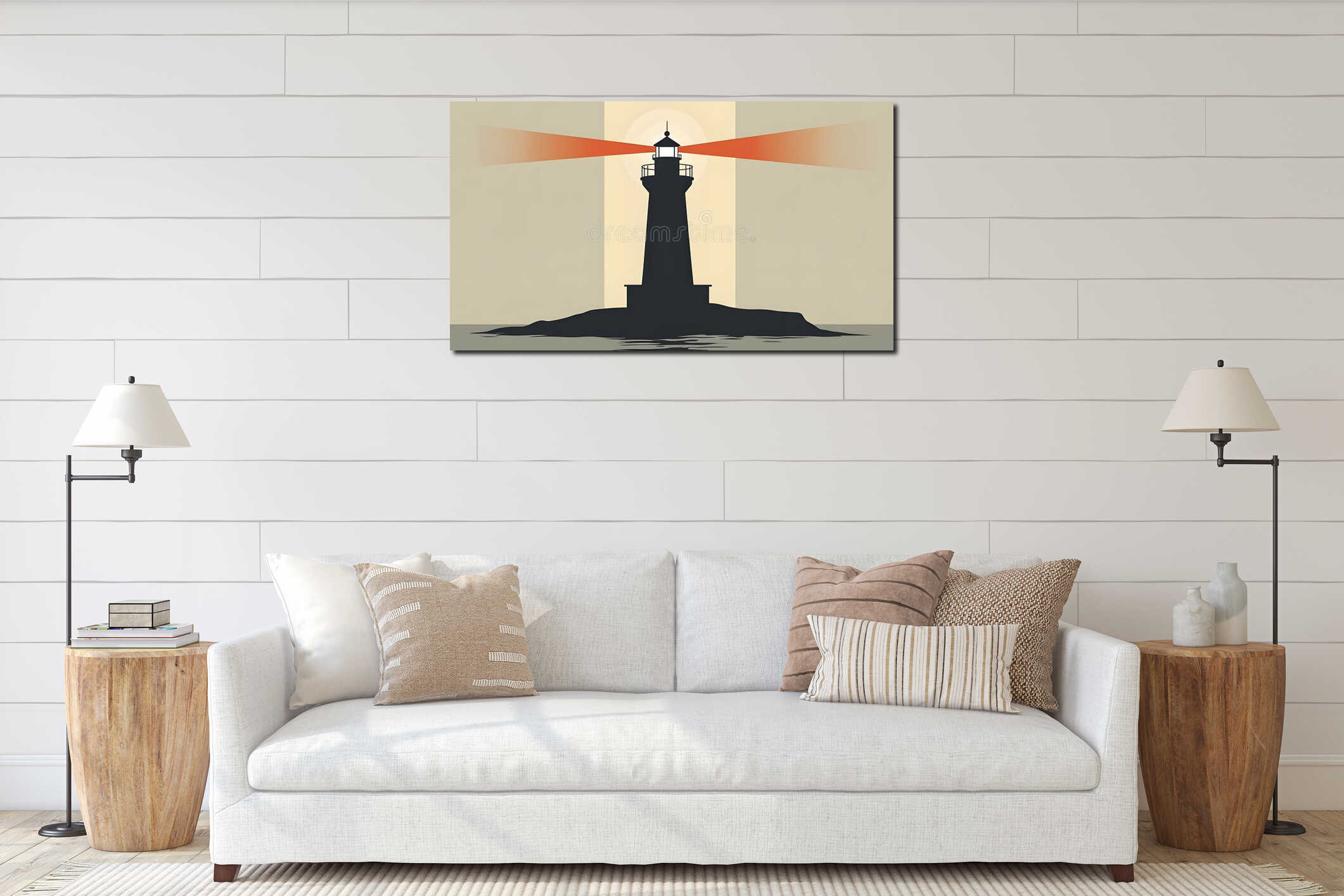 Silhouette of a Lighthouse at Sunrise. AI-Generated. interior mockup
