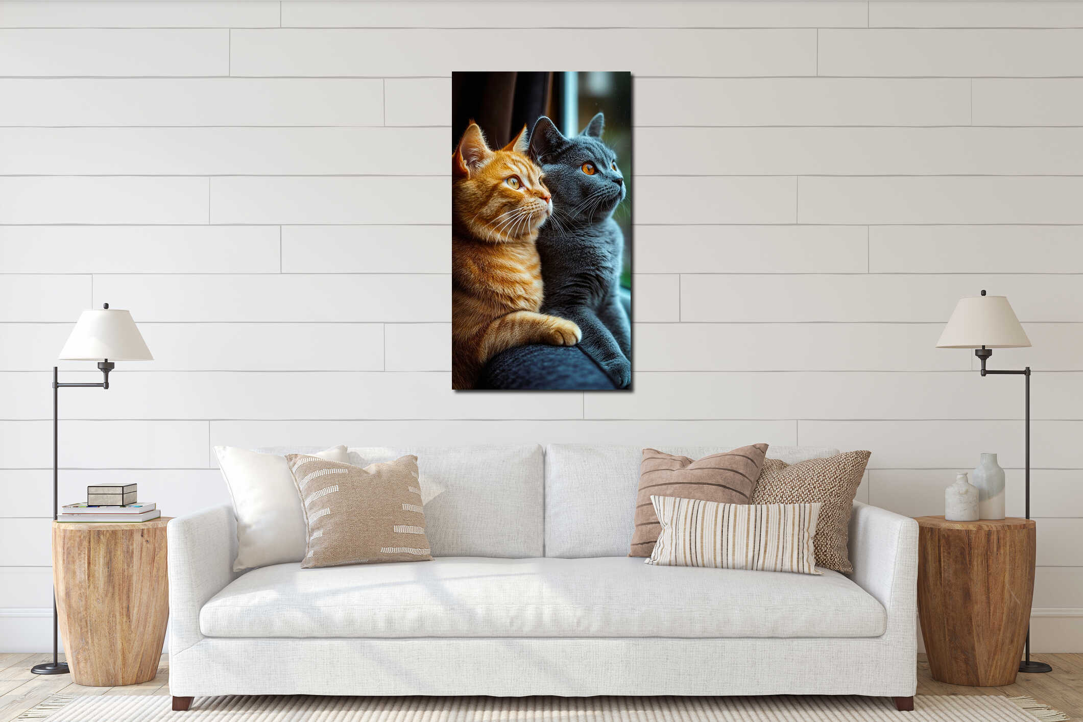 A couple of cats sitting next to each other on a couch interior mockup